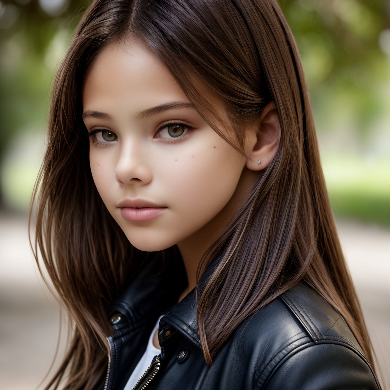 (masterpiece:1.3), best quality, extra resolution, wallpaper, view from above, close up portrait of beautiful (AIDA_LoRA_LG2014:1.13) <lora:AIDA_LoRA_LG2014:0.73> as little girl wearing a leather jacket standing in the park next to the tree, outdoors, pretty face, seductive, dramatic, composition, studio photo, studio photo, kkw-ph1, hdr, f1.8, (colorful:1.1)