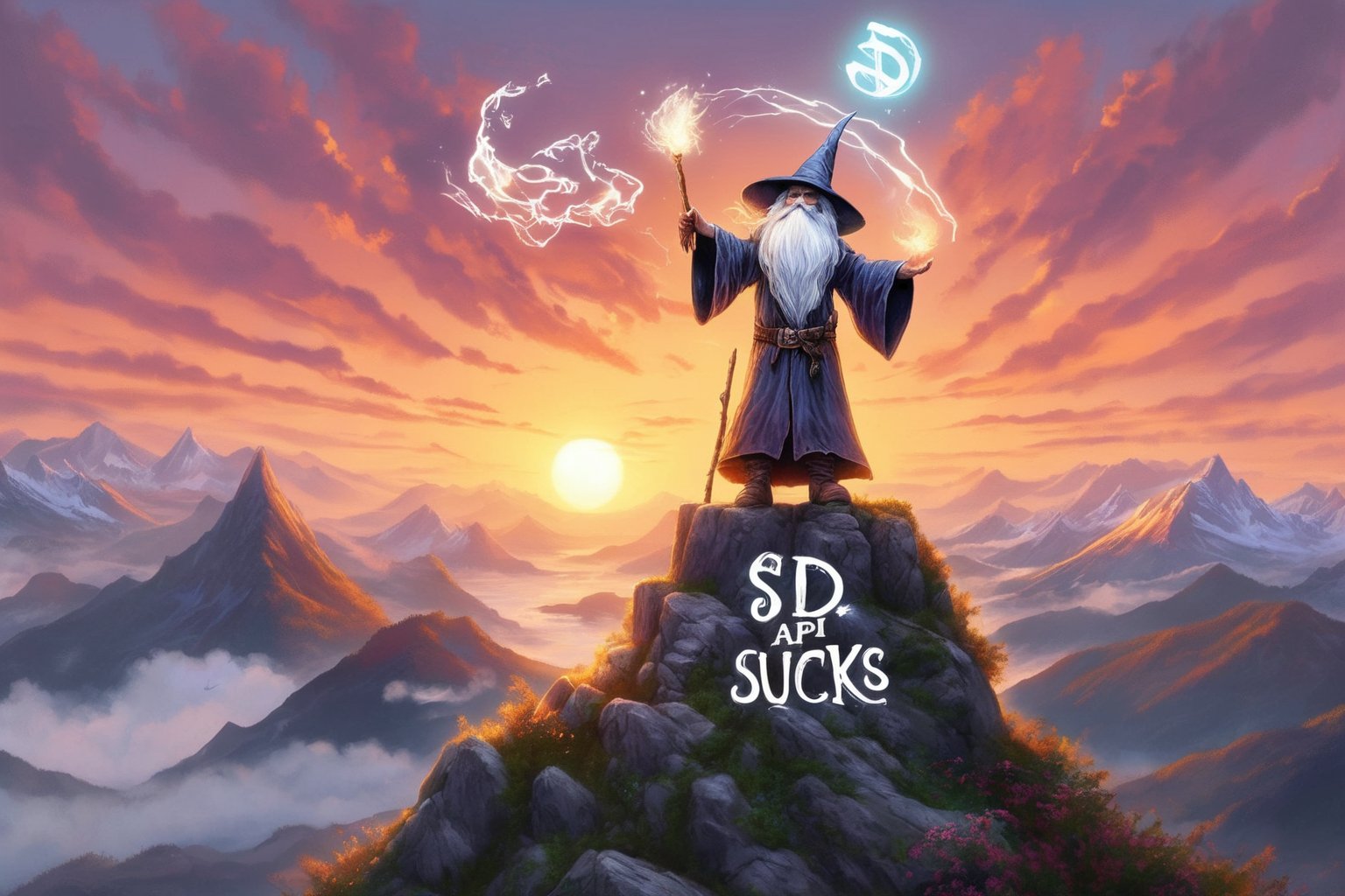 Awesome artwork of a wizard on the top of a mountain at sunrise, with the magic text: "SD3 API. SUCKS"