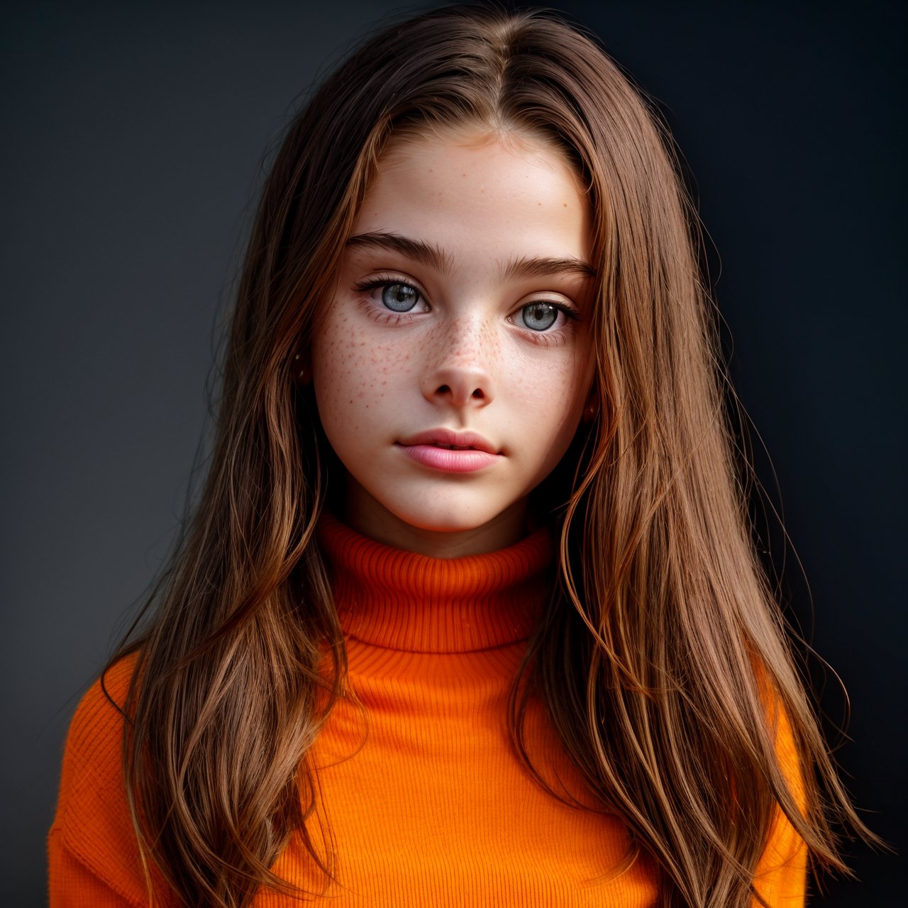 best quality, extra resolution, close up portrait of adorable (AIDA_LoRA_MeW2016:1.1) <lora:AIDA_LoRA_MeW2016:0.9> in (gray and orange turtle neck sweater:1.1), [little girl], glossy skin with visible pores and freckles, pretty face, naughty, playful, intimate, flirting, cinematic, studio photo, kkw-ph1, (colorful:1.1), (charcoal smoky black background:1.1)