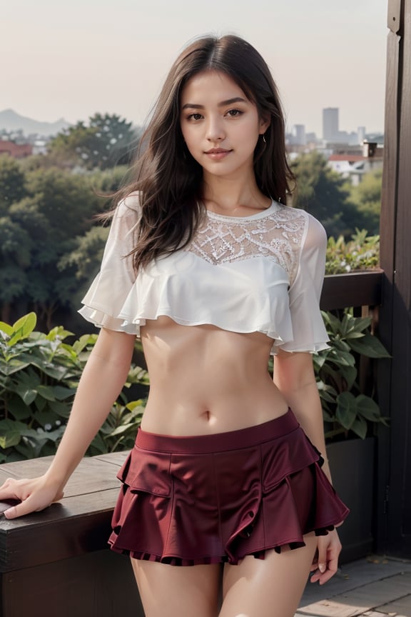 detailed, beautiful, cute, full body shot, scenic view, professional photo<lora:Micro Crop & Skirt By Stable Yogi:0.8> maroon micro crop top, frills, lace, micro skirt