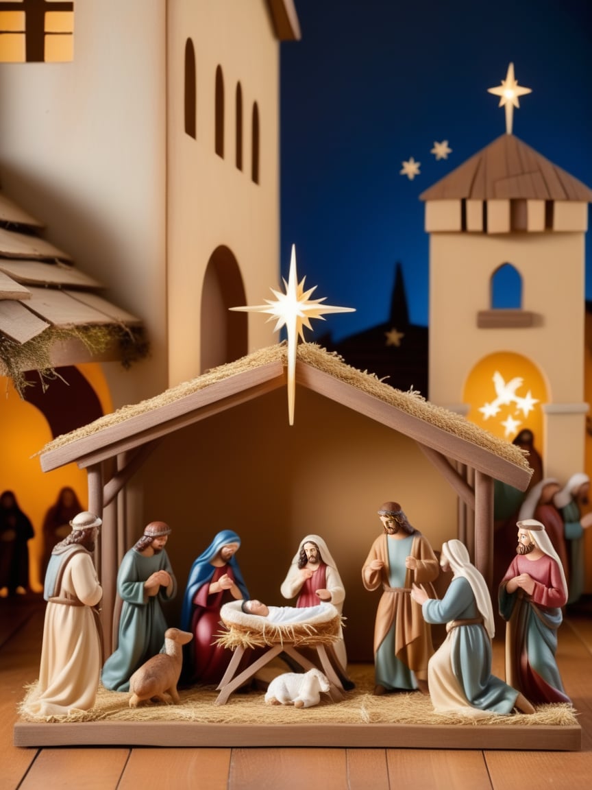 A nativity scene is set up in a town square, depicting the birth of Jesus Christ.,realistic,best quality,