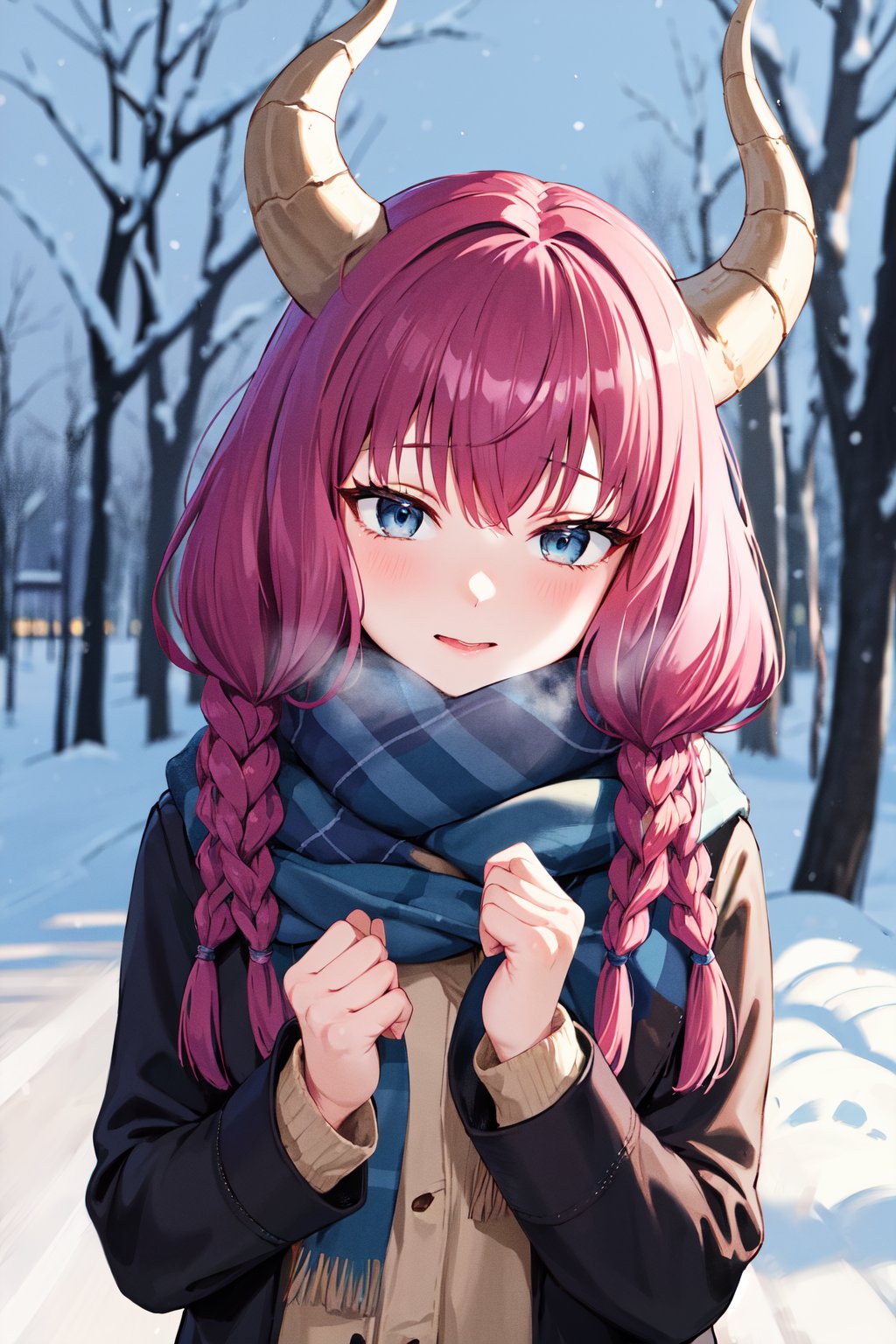 masterpiece, best quality, highres, aaaura, braid, twin braids, horns, blue eyes, <lora:aura_(sousou_no_frieren)_v1:0.8>, winter clothes, scarf, snow, outdoors,