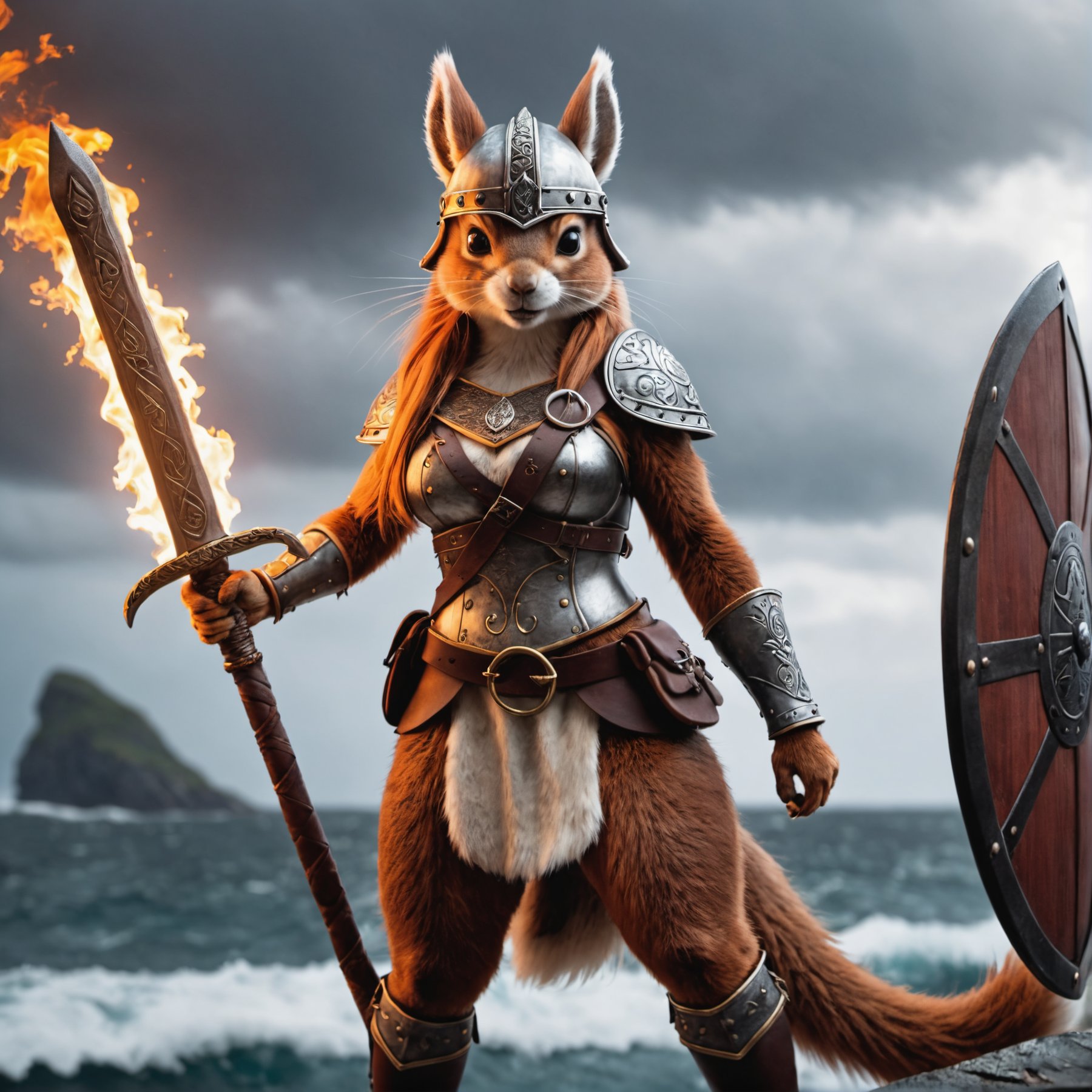 epic closeup of an angry anthro female squirrel, fluffy full body fur, tail, wearing viking helmet and outfit, standing a on a viking ship holding a viking sword with glowing runes , fire , smoke, stormy sea, shallow depth of field, vignette, highly detailed, high budget, bokeh, cinemascope, moody, epic, gorgeous, film grain, grainy,, high quality photography, 3 point lighting, flash with softbox, 4k, Canon EOS R3, hdr, smooth, sharp focus, high resolution, award winning photo, 80mm, f2.8, bokeh