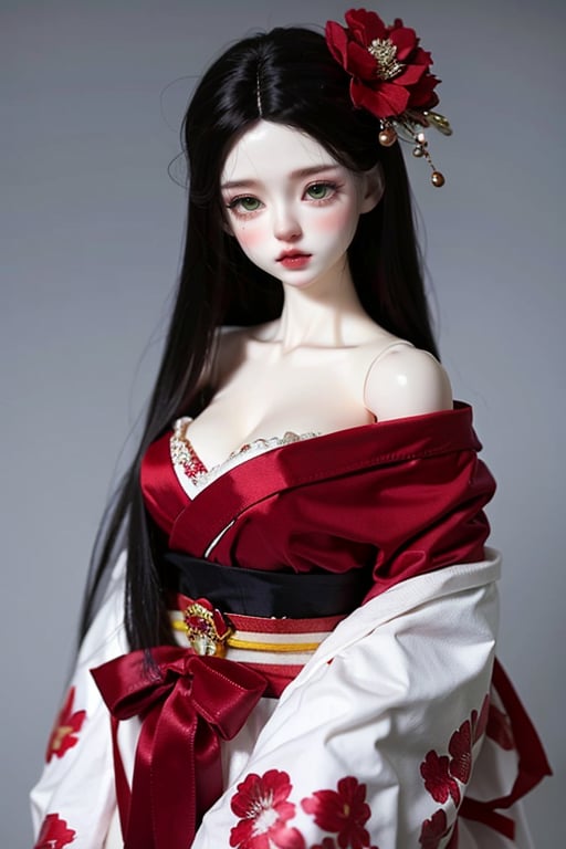 1girl, solo, long hair, breasts, looking at viewer, simple background, black hair, hair ornament, cleavage, very long hair, green eyes, collarbone, flower, japanese clothes, hair flower, kimono, grey background, off shoulder, lips, sash, eyelashes, makeup, obi, lipstick, red flower, pale skin, red lips, hair stick, red kimono, kanzashi, EpicDoll, doll<lora:EpicDoll:0.8>
