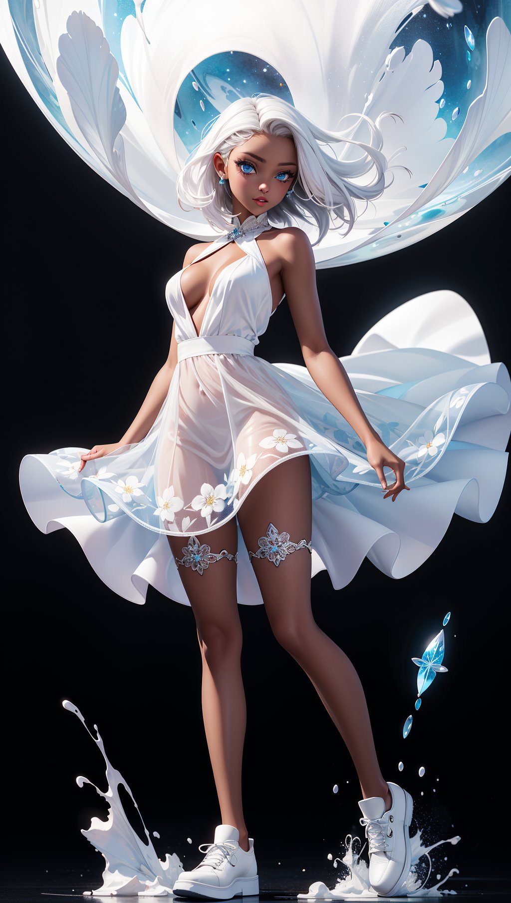 a woman with white hair and blue eyes,in a white dress with a black background and a splashs of paint all over,Celestial Skin,dark skin,flower-pattern,see-through white dress,black under cloths,facing viewer,hair blowing in the wind,white shoes,fantasy,white fires all over,