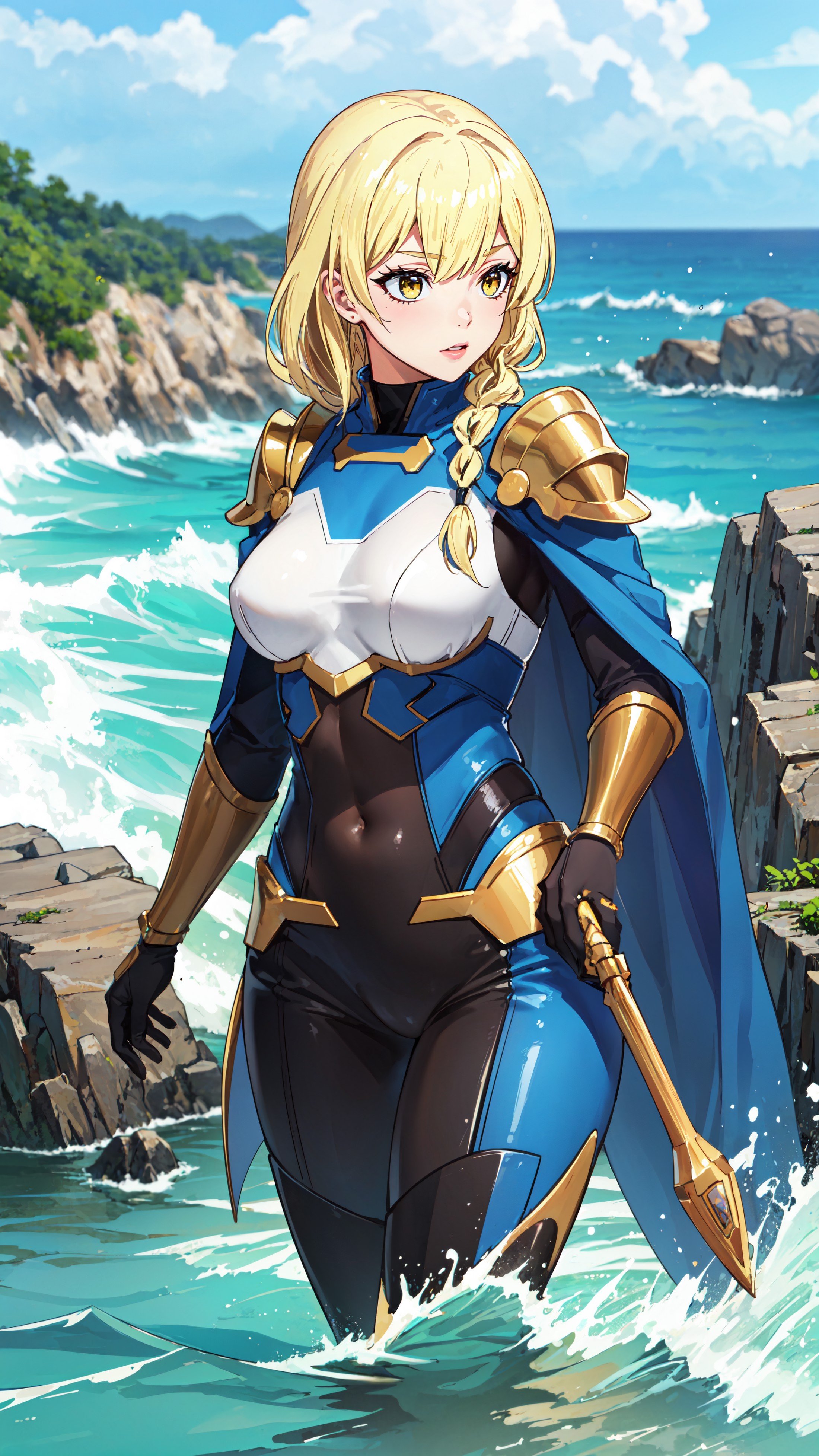 photorealistic, (4k), depth of field, (Masterpiece), (realistic skin texture), extremely detailed, intricate, hyper detailed, professional photography, bokeh, high resolution, sharp detail, best quality, girl, long hair, blonde hair, yellow eyes, braid, blue and white outfit, gold shoulder pads, blue cape, black pants, <lora:GoodHands-vanilla:0.4>, <lora:detail_slider_v4:0.8> , dynamic pose, (lying on stomach),  <lora:Balirossa-000004:0.7>, beach, storm, large waves, ocean, waves crashing into rocks,