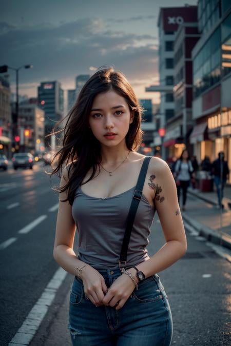 (realistic:1.3) , finely detailed, quality, (masterpiece:1.2) , (photorealistic:1.2) , (best quality) , (detailed skin:1.3) , (intricate details) , ray tracing, dramatic, 1 girl, (cute Ethereal Female), (film grain:1.2), City, Buildings, Roads, Cars, Highway, Shopping mall, Night