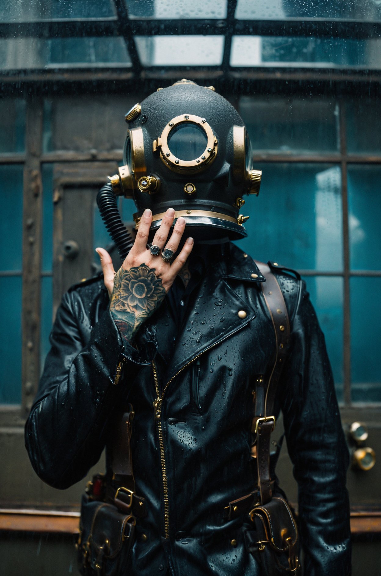 film aesthetic,Surreal portrait, man in vintage diver's helmet, glass portholes obscuring face, rain-soaked ambiance, urban backdrop, modern tattooed hand juxtaposed with retro gear, slick black jacket, metallic textures contrasting wet skin, moody blues and grays dominate color palette, evoking a somber, dystopian vibe, deeply atmospheric, cinematic quality, hints of steampunk influence, stylistic blend of historical and contemporary elements.,Intimate boudoir photography,