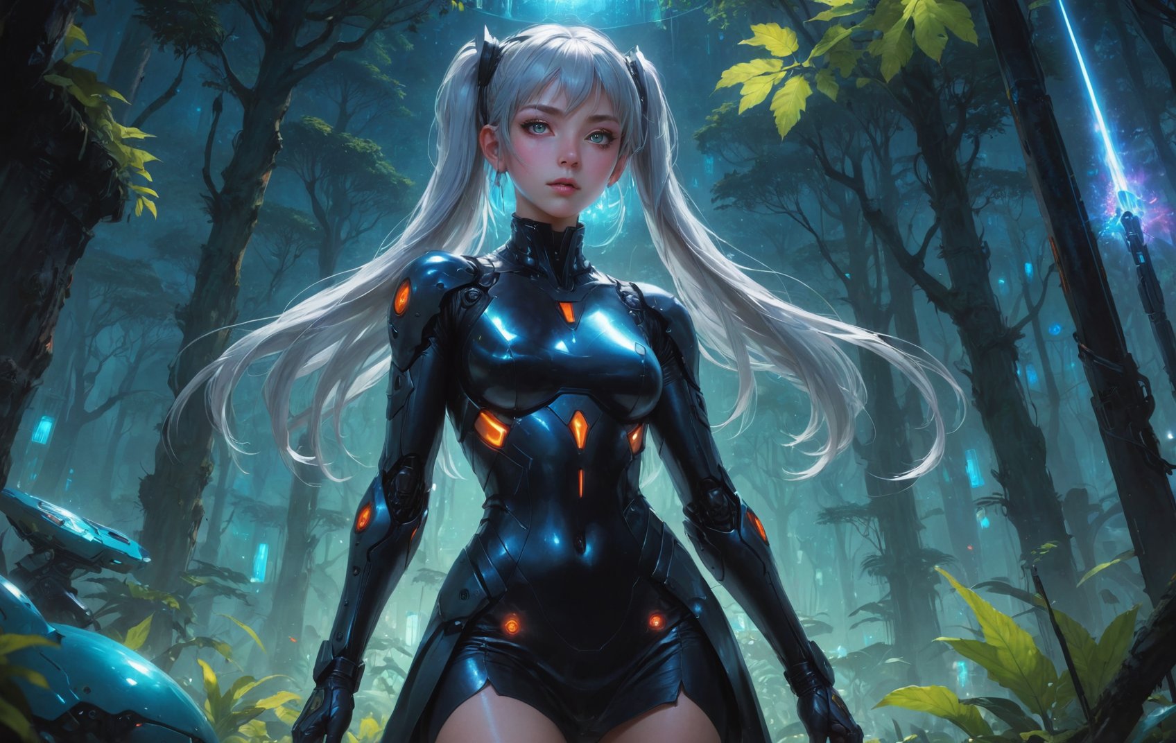 anime style, 1girl, blunt bangs, high ponytail, silver hair, pointy ears, in the depths of a bioluminescent alien jungle, [evangelion:cyberpunk edgerunners:0.5], reflective transparent iridescent opaque clothing, long sleeves, flowing dress, long skirt, very aesthetic, highres, 4k, 8k, intricate detail, cinematic lighting, amazing quality, amazing shading, detailed Illustration, official artwork, wallpaper, official art, extremely detailed eyes and face, beautiful detailed eyes, from below, full body, thigh gap, <lora:aesthetic_anime_v1s:1>