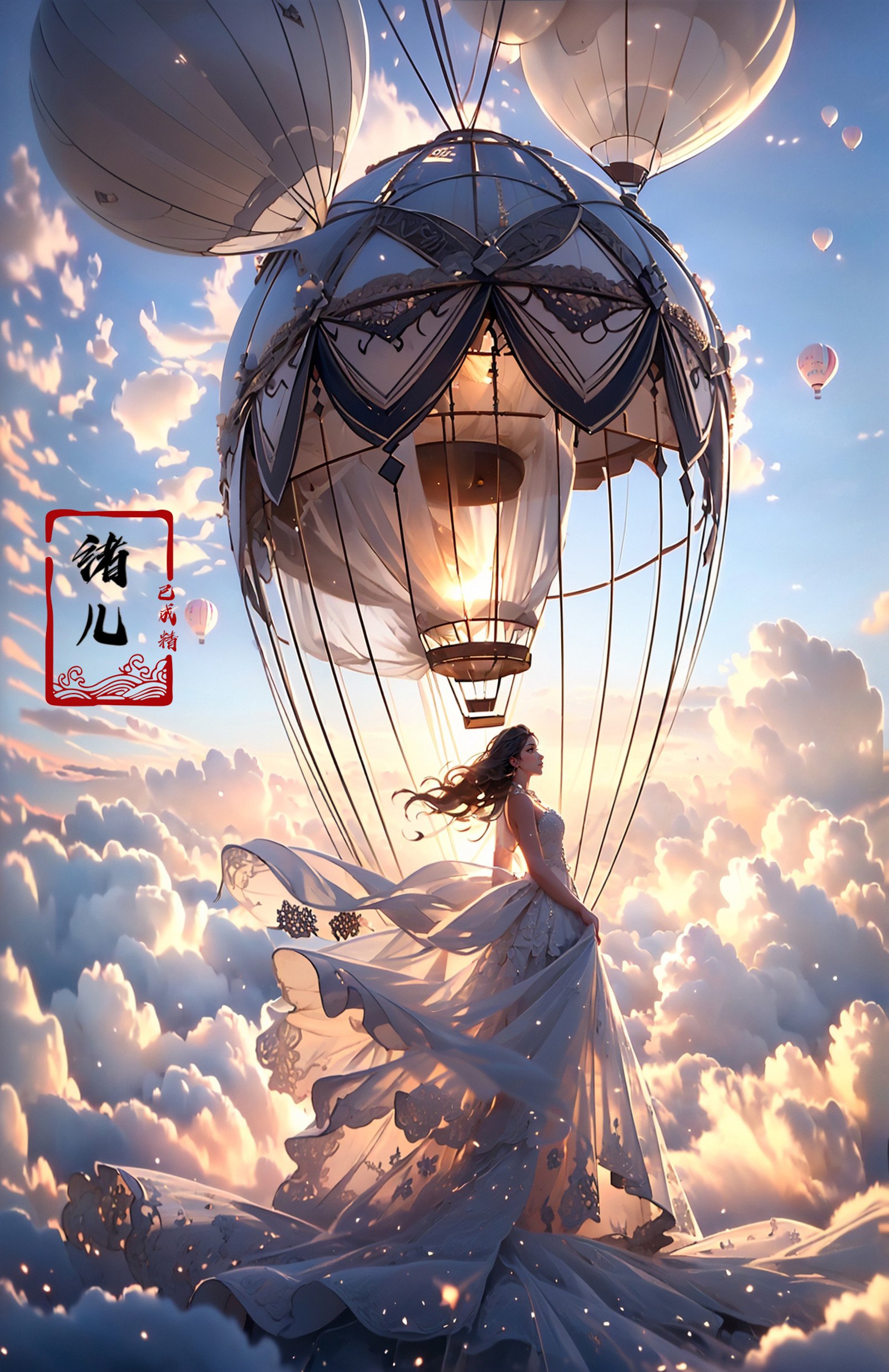 A hot-air balloon drifts above an abandoned theme park, the pilot capturing haunting photos of overgrown roller coasters and flooded game stalls., rubber material, fullbody shot, Claude Monet, Jamie Hawkesworth, Gertrude Abercrombie，(dramatic, gritty, intense:1.4),masterpiece, best quality, 32k uhd, insane details, intricate details, hyperdetailed, hyper quality, high detail, ultra detailed, Masterpiece,bridal veil，wedding dress，<lora:绪儿-热气球stage:0.9>