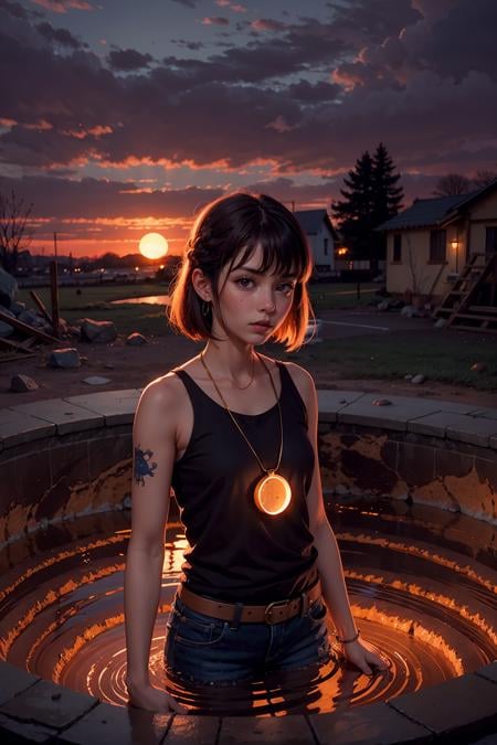 1girl,  anime key visual,  landscape of a Tender Bruma  from inside of a Sinkhole, at Golden hour, Angry, stonepunk, short lighting, Cinestill, behance HD, layered textures