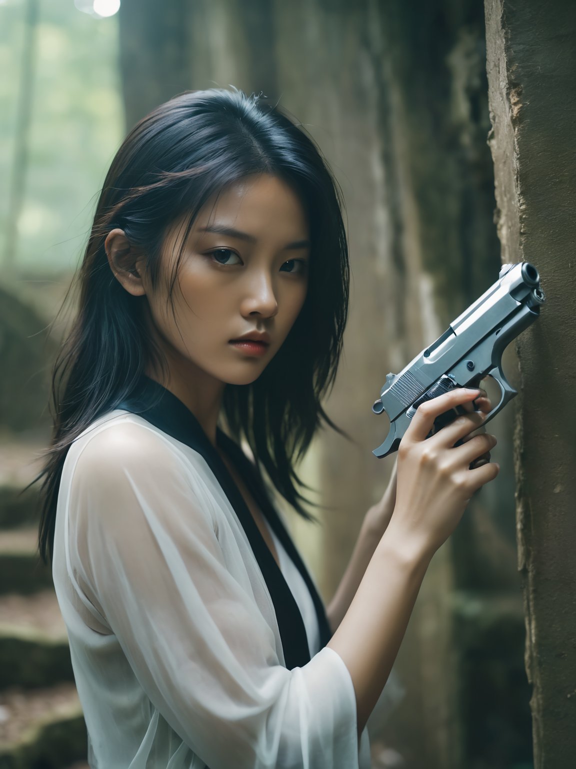 Holding a Handgun,subterranean crystal palace,endangered species,contemplative atmosphere,mysterious mood,Beast,Monster,headshot,Slashing with talons,windswept hair sexy asian young woman,film grain texture,analog photography aesthetic,visual storytelling,dynamic composition,looking at viewer,eye contact,