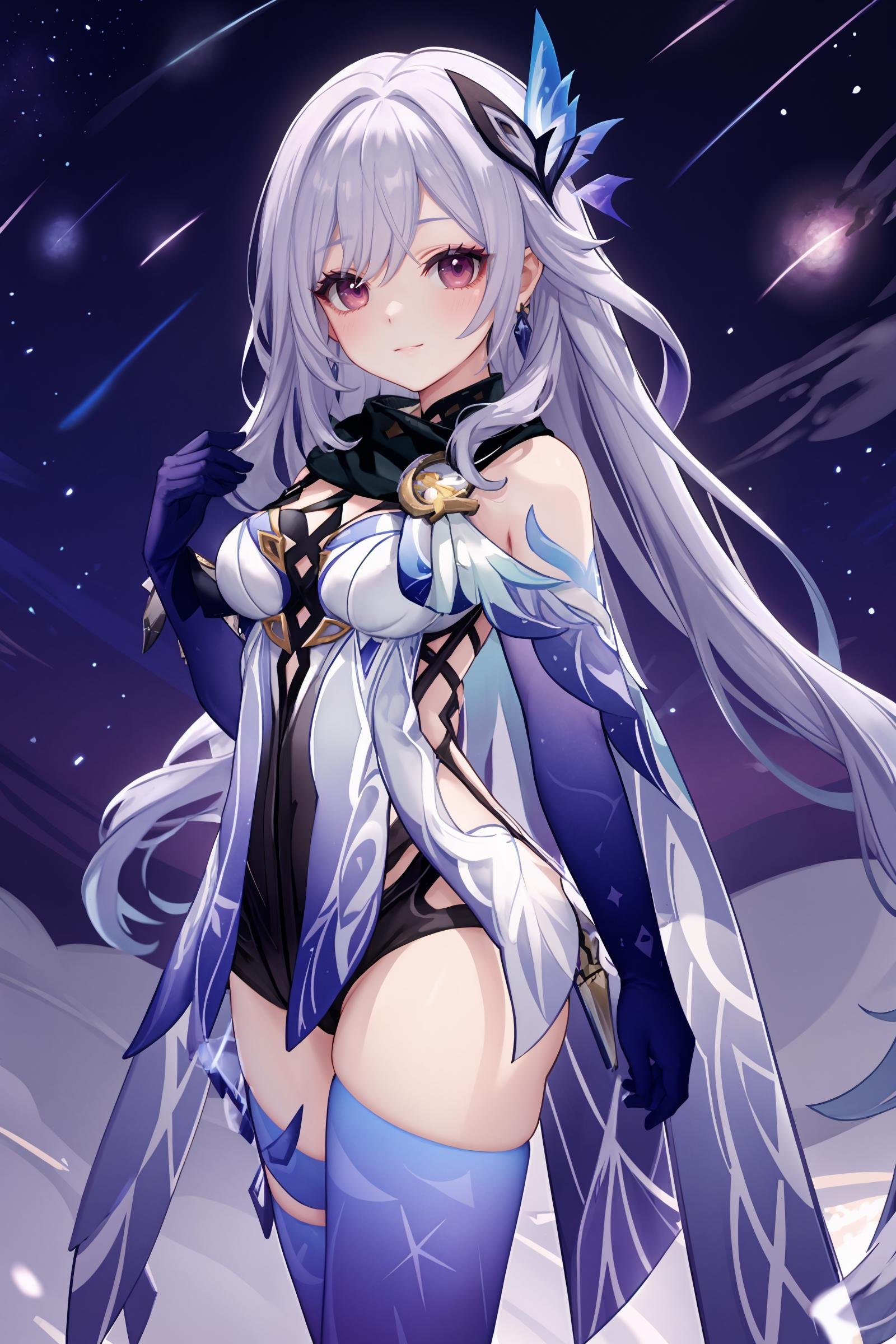 1girl, skirk \(genshin impact\), elbow gloves, earrings, cape, blue thighhighs, black scarf, butterfly hair ornament, armored leotard, looking at viewer, starry sky, shooting star, smile, open mouth, hands in hair, cowboy shot, standing, masterpiece