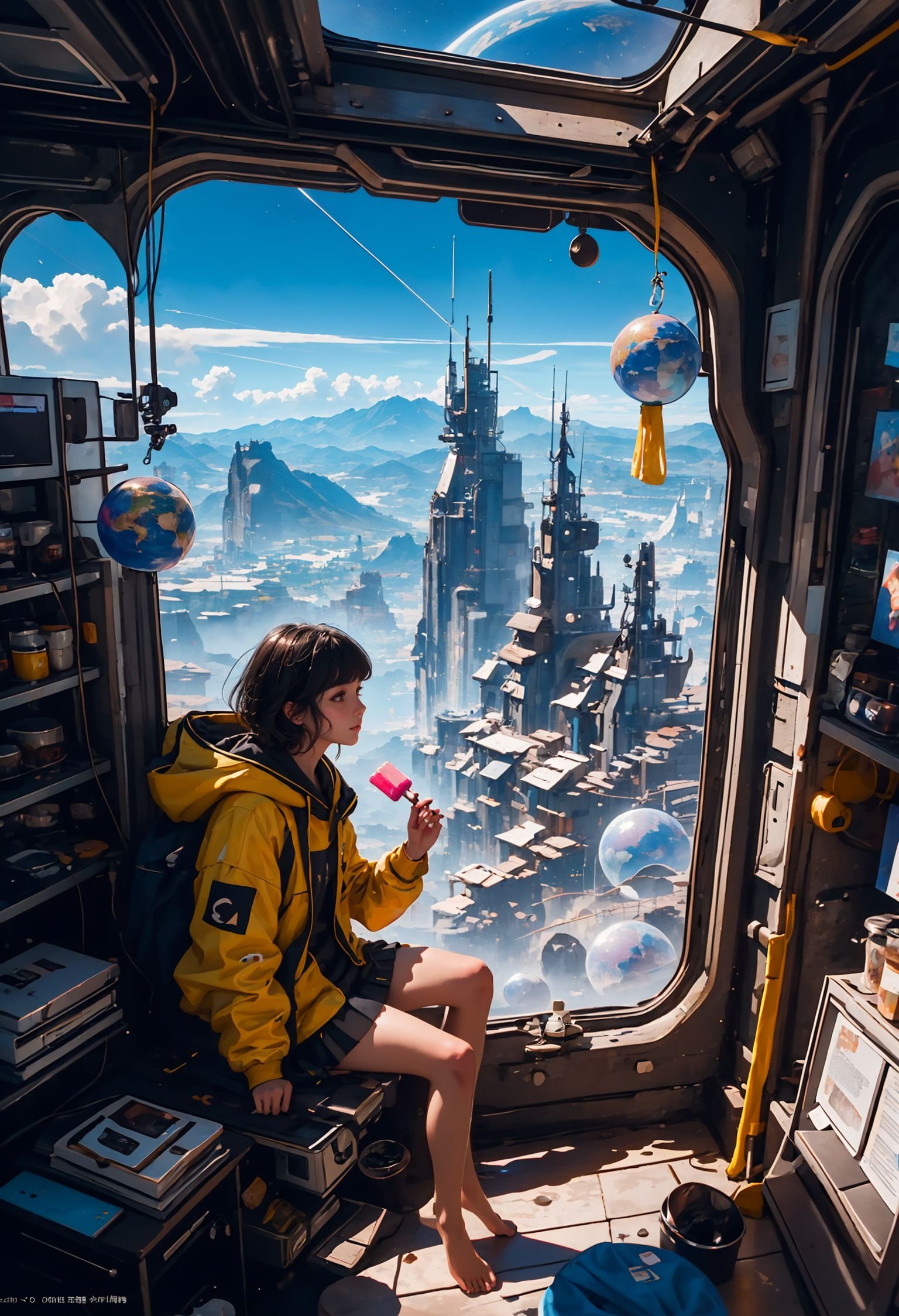 (best quality,official art,beautiful and aesthetic:1.2),(fractal art:1.2),offcial art,colorful,Colorful background,splash of color,movie perspective,advertising style,magazine cover,xuer popsicle,1girl,solo,short hair,bangs,skirt,black hair,long sleeves,holding,sitting,closed mouth,jacket,pleated skirt,food,sky,barefoot,day,cloud,indoors,hood,from side,blue sky,blue skirt,bare legs,window,hoodie,profile,looking away,phone,sunlight,backpack,hood down,holding food,plant,star (sky),scenery,hooded jacket,potted plant,space,planet,earth (planet),globe,<lora:绪儿-雪糕 xuer popsicle:0.8>,