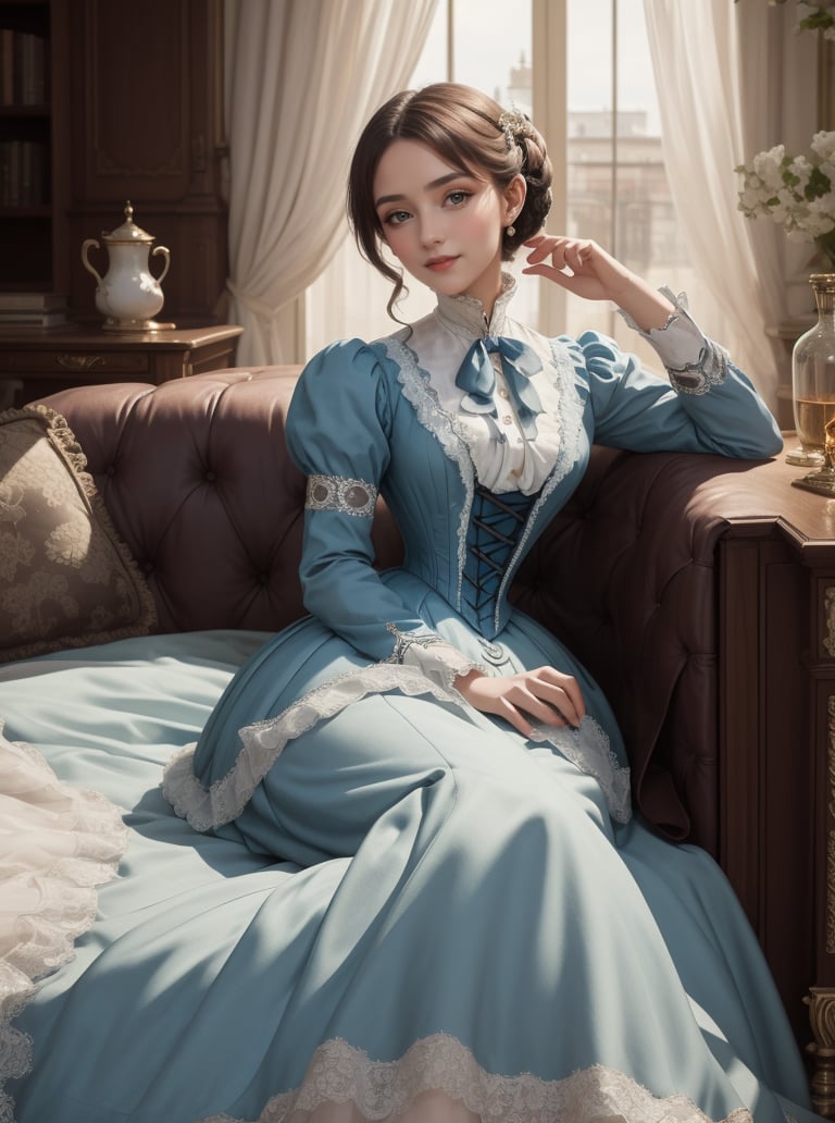 8k, masterpiece, highly detailed, high quality,1girl, wearing a blue (victorian dress), <lora:victorian_dress-SD-2.0:1>seductive smile, head tilt, reclining, 