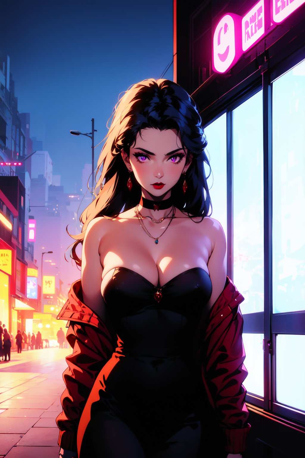 bznoir, 1girl, solo, long hair, breasts, looking at viewer, large breasts, black hair, dress, cleavage, jewelry, purple eyes, jacket, cowboy shot, earrings, choker, necklace, off shoulder, black dress, makeup, lipstick, red lips, low light, glowing<lora:EMS-323506-EMS:1.200000>