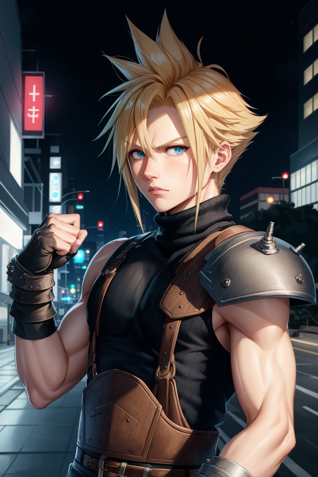 masterpiece, best quality, cloud strife, shoulder armor, sleeveless turtleneck, suspenders, belt, gloves, bracer, upper body, serious expression, looking at viewer, city street, night, clenched fist <lora:cloudstrife-nvwls-v1-000010:0.9>