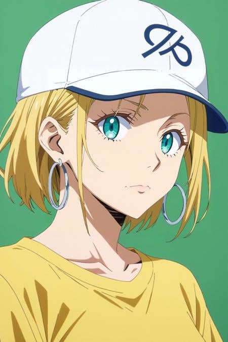 score_9, score_8_up, score_7_up, source_anime, rating_safe, intricate details, anime screencap, , official style, looking at viewer, , , 1girl, aqua eyes, baseball cap, blonde hair, closed mouth, earrings, green background, hat, hoop earrings, jewelry, looking at viewer, shirt, short hair, simple background, solo, upper body, yellow shirt, solo, Regeneration, <lora:tensura_style_pony:0.94>, tensura_style, <lora:sdxl_lightning_8step_lora:1>