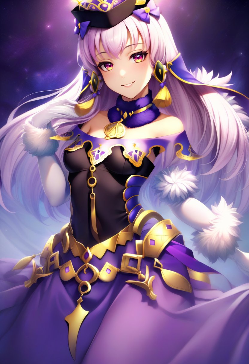 solo, 1girl, lysitheabrave, smile, looking at viewer, hair ornament, hat, dress, fur trim, white gloves <lora:fireemblem_ordelia_xl-000005:1>