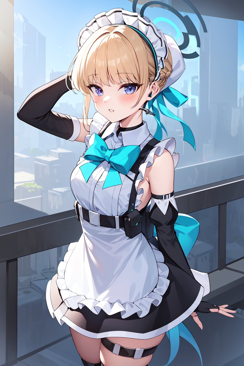 best quality, masterpiece,  <lora:TokiBAv1:0.7>toki, halo, short hair, maid headdress, maid apron dress, detached sleeves, thigh strap, fingerless gloves, earpiece, chest harness, waist bow, looking at viewer, blush, parted lips, teeth, arched back, arm up, cowboy shot,