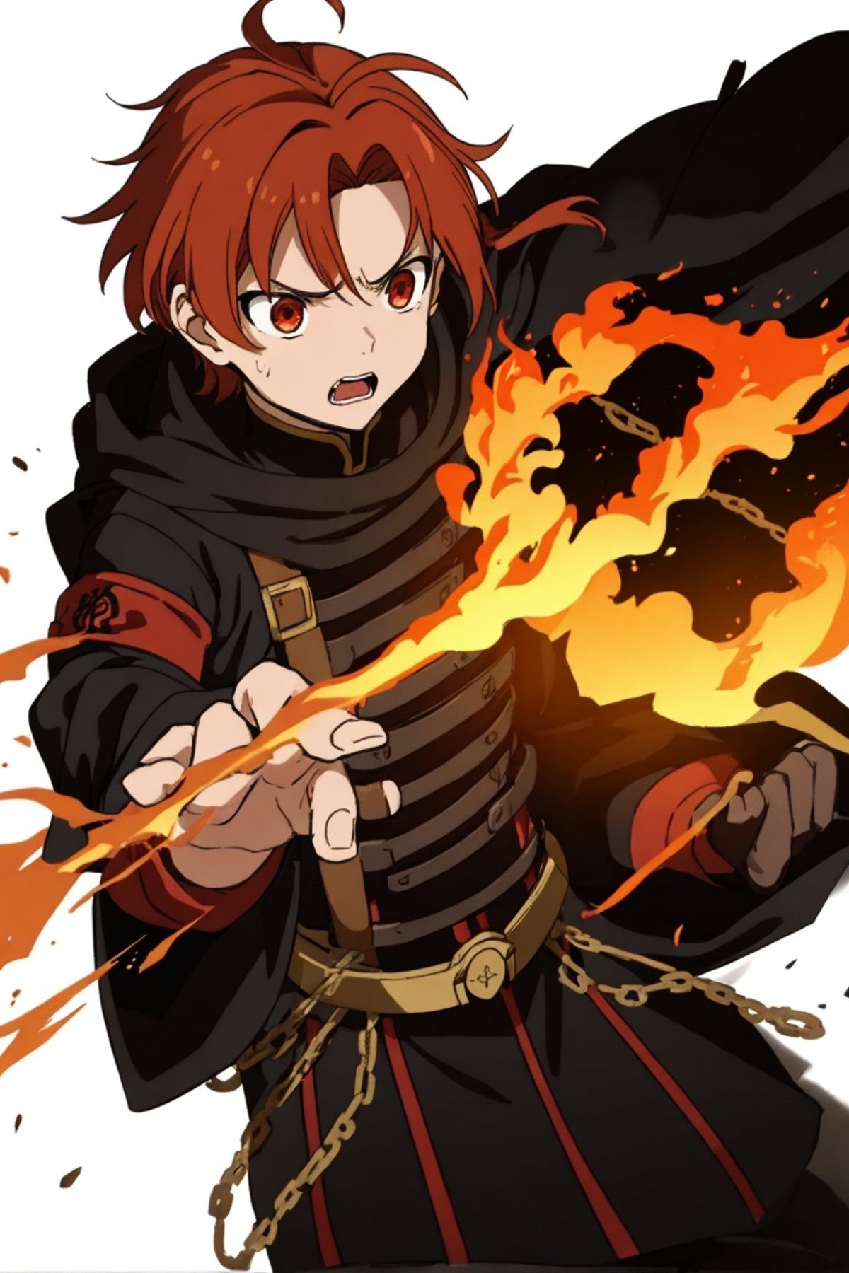 1 boy, rudeus, anime boy, anime, boy, masterpiece, full body, ultra-detailed, black and red hair, windy hair, long hair,(angry:1.8), (crying:2.0), rage, sad, black hoodie, fire magic, necklace, broken gem, chains around, chains shield, (tears:2.4), black gloves, raised eyebrows, (screaming:1.6), power blast, fire energy, true power, true form, evolution, fire aura, fire shield, (red eyes:2.5), jitome, night burnt forest scene, solo, UHD, super detail, forest in ashes, combat, sunset, fire particles, ashes, red and dark colors, ((masterpiece)), revenge, Negative prompt: (worst quality, low quality, extra digits:1.4), negative_hand-neg, EasyNegativeV2,   Steps: 25, Sampler: DPM++ 2M SDE Karras, CFG scale: 7.5, Seed: 25, Size: 512x768, Model: seizamix_v2, Clip skip: 1,