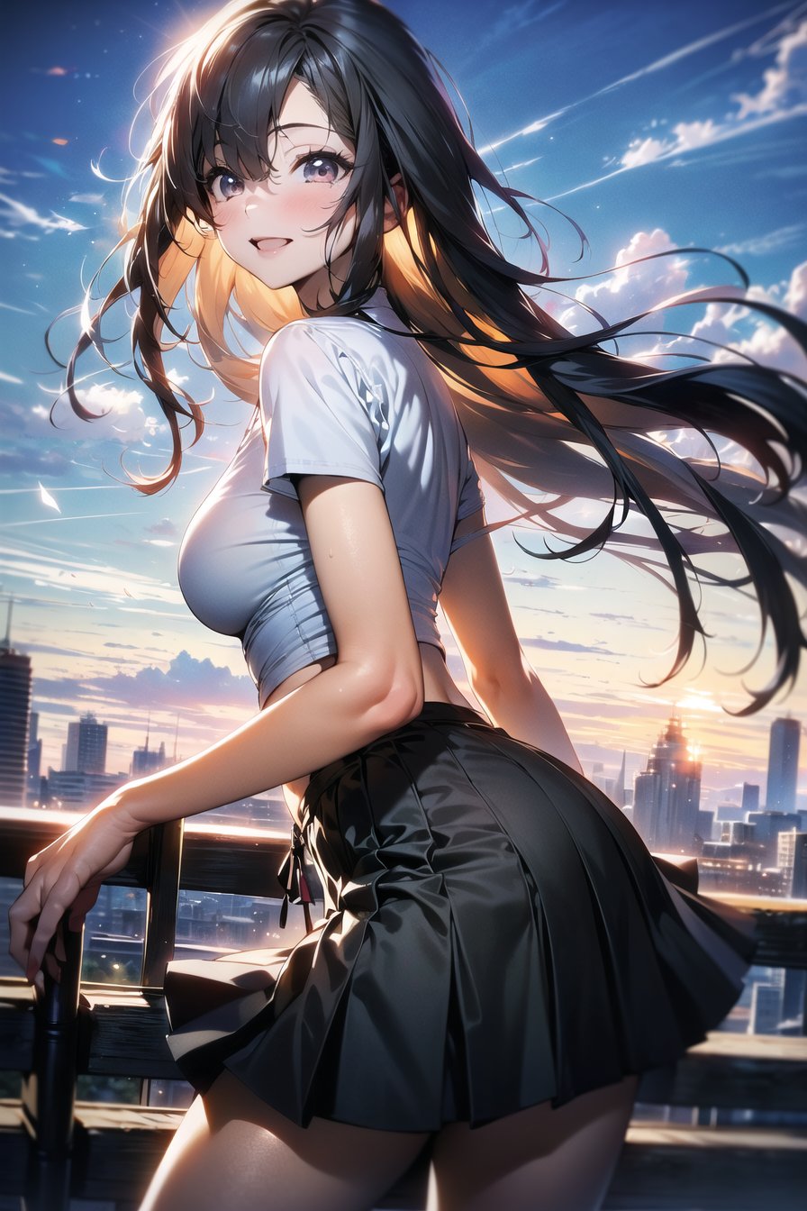 (masterpiece:1.2), (highres:1.2), 1girl, solo, light smile, very long hair, medium breasts, skirt, sunlight, detailed eyes, brown eyes, city detailed background sky cloud building tower<lora:apstyle3diff:1.35> apstyle3 apstyle masterpiece best quality detailed eyes