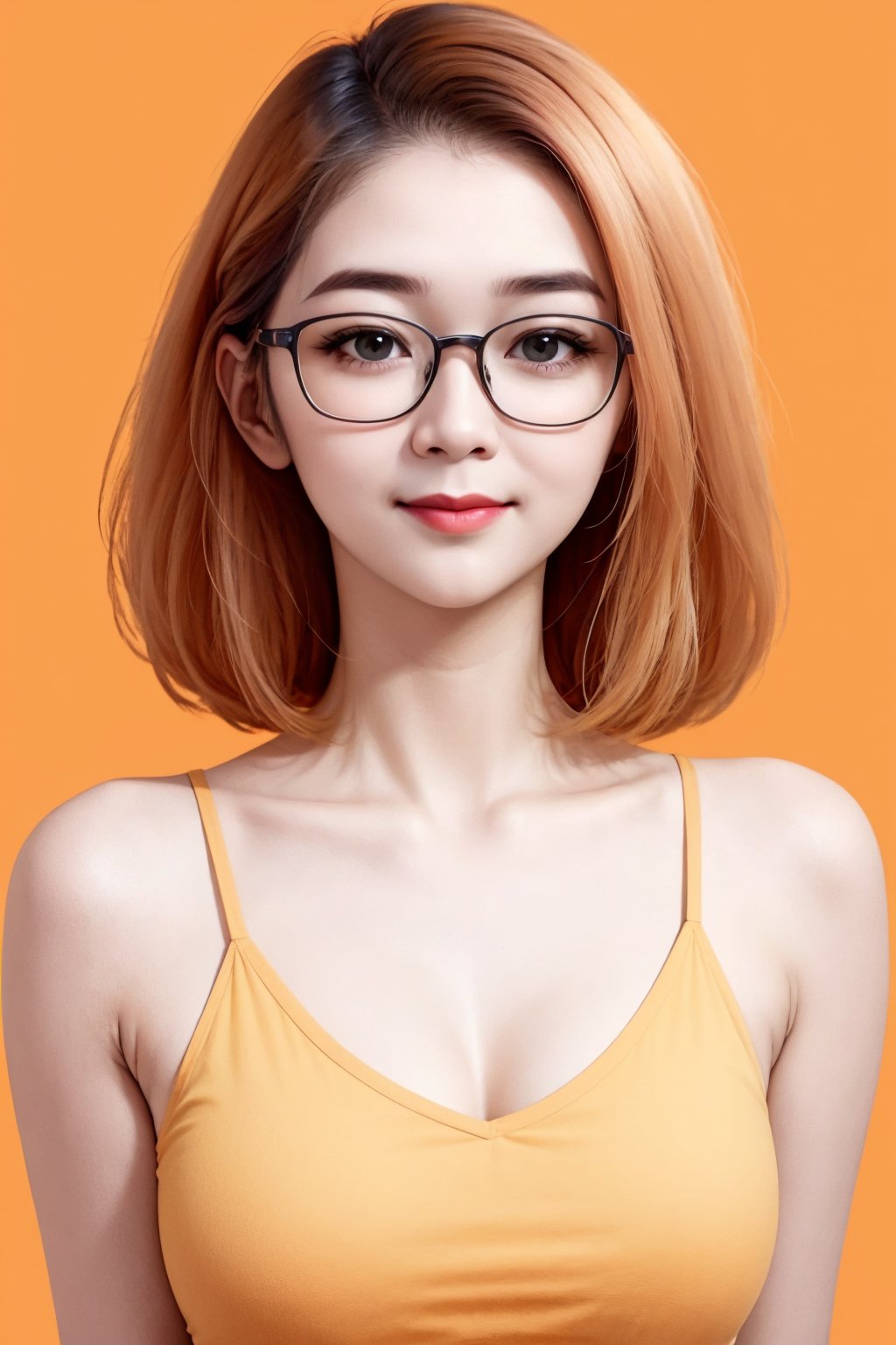 cute woman, bob hair, glasses, upper body, light smile, cute makeup, (orange tank top), orange background, (oily skin:1.2)<lora:EMS-409110-EMS:0.800000>