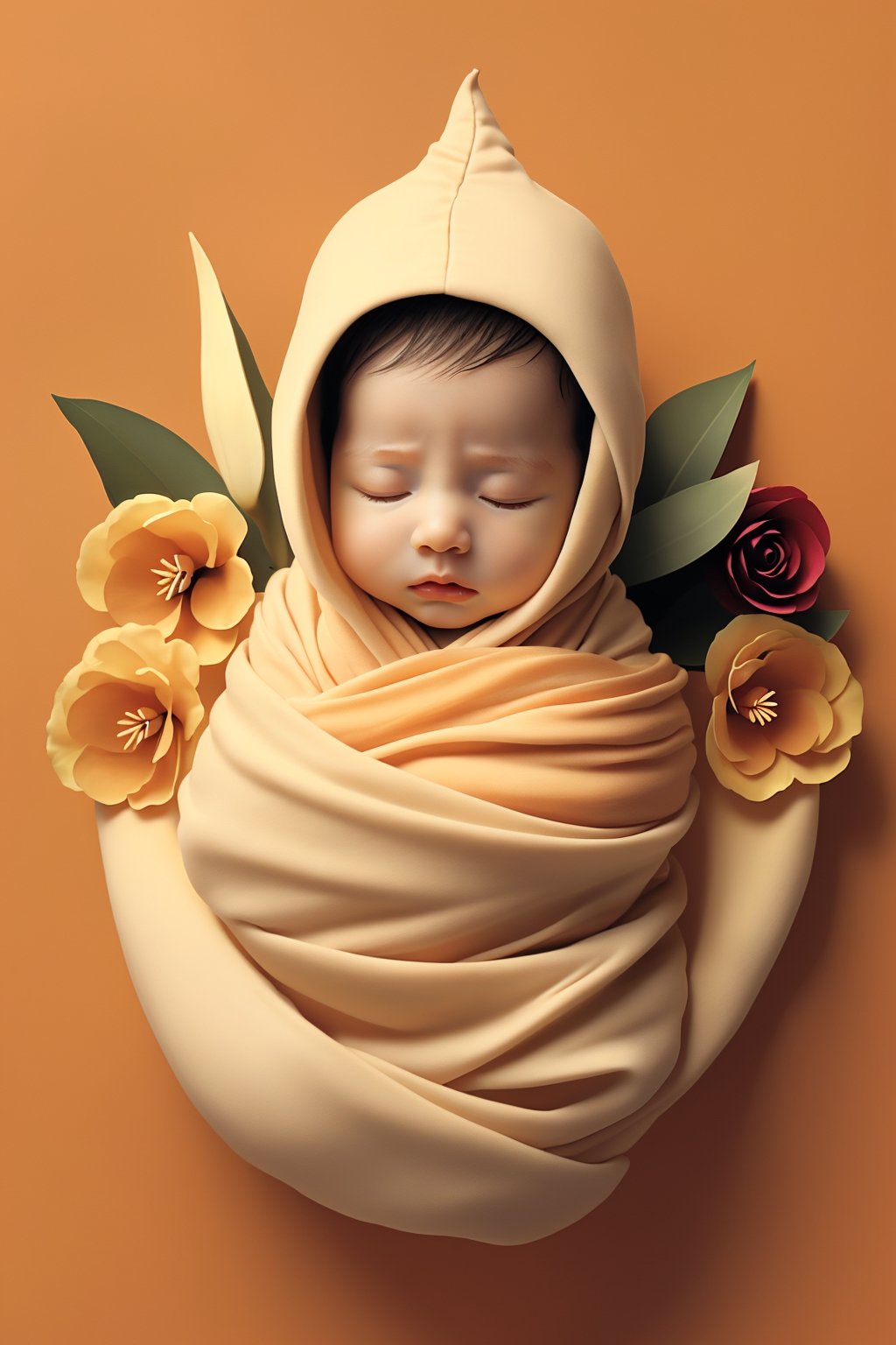 <lora:婴儿写真:0.7>,flower,baby,swaddle,orange background,closed eyes,