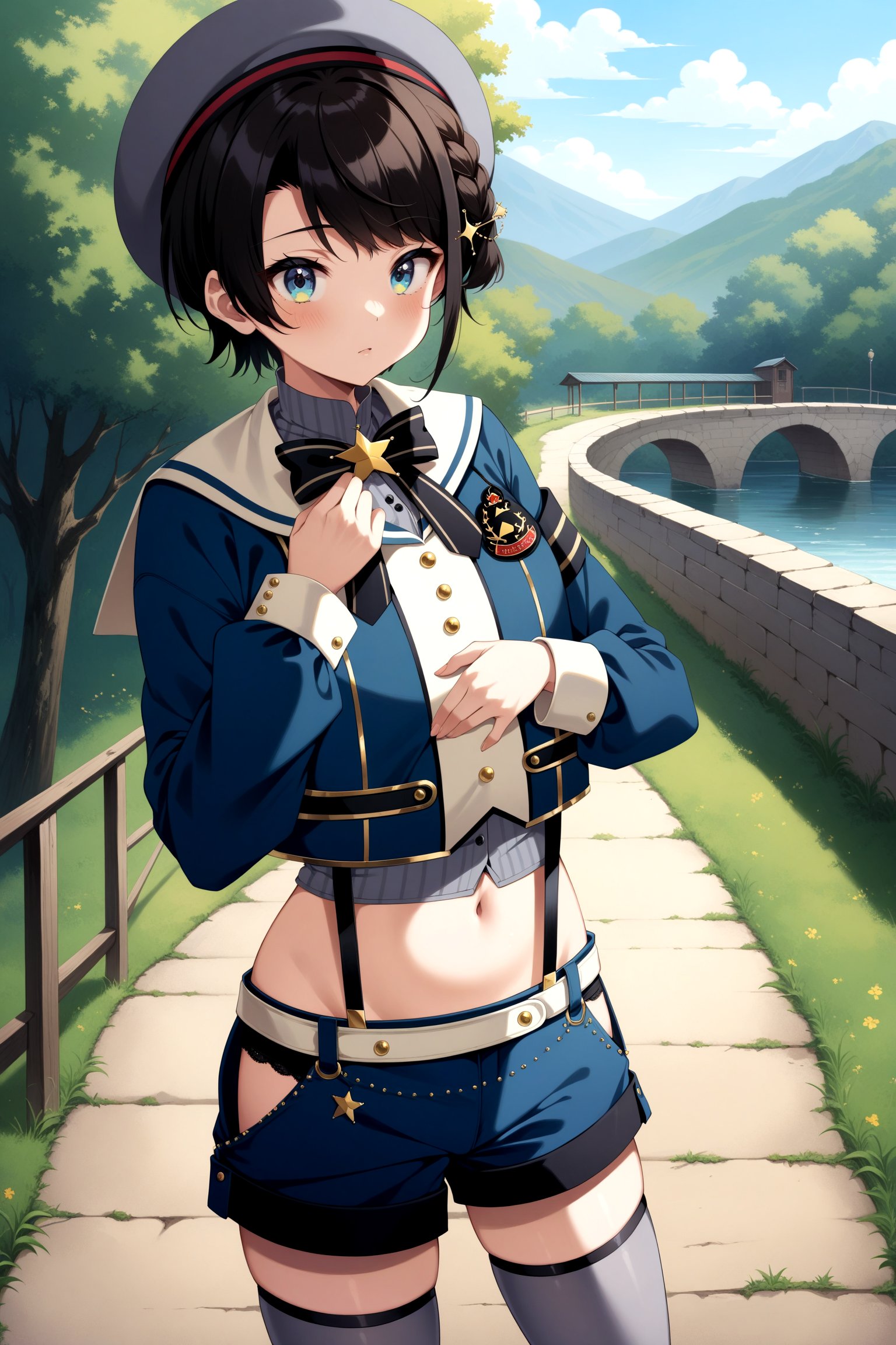 (masterpiece, best quality, very aesthetic, ultra detailed), intricate details, 4k, anime style, bbsubaru, short hair, french braid, hairclip, grey headwear, sailor collar, black bowtie, cropped jacket, blue jacket, long sleeves, suspenders, midriff, blue shorts, grey thighhighs, <lora:oozora_subaru_XL_v1:0.9>, standing, cowboy shot, outdoors, hand on own chest,