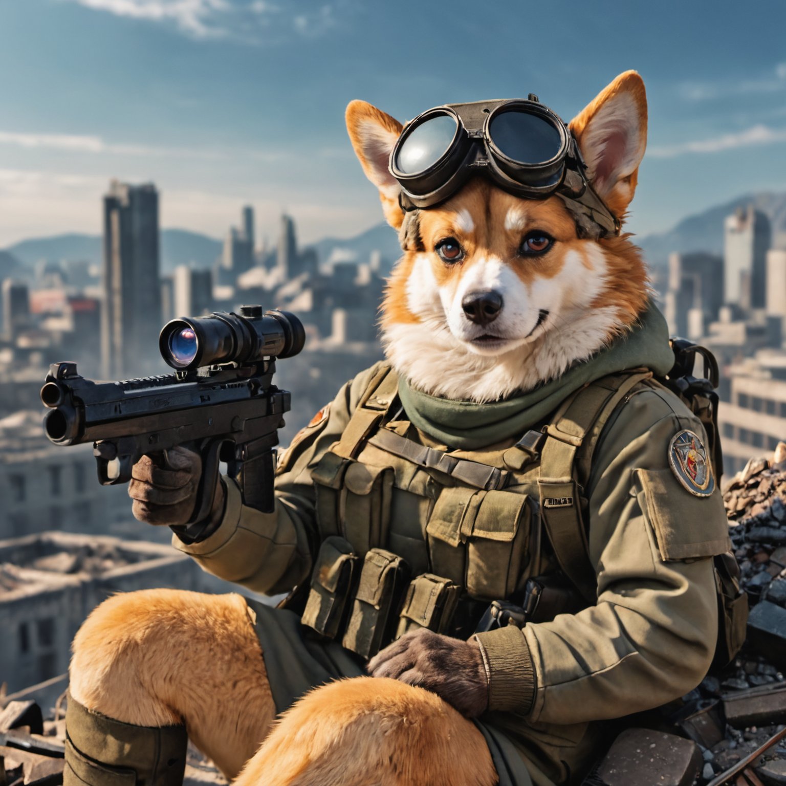 anime artwork (Highest Quality, 4k, masterpiece:1.1), (realism, photorealistic:1.4), ray traced, hyper realism, soft lighting, detailed background, film grain, (detailed fur texture:1.3),BREAK(anthro female corgi), ((wearing post apocalyptic outfit:1.2)), inside a destroyed city after nuclear blast, sitting on a ammonition chest,looking down from a hill, holding a gun, looking angry, visible fangs (perfect anatomy),((paws)), (aurora borealis), (close up:1.3) . anime style, key visual, vibrant, studio anime, highly detailed, high quality photography, 3 point lighting, flash with softbox, 4k, Canon EOS R3, hdr, smooth, sharp focus, high resolution, award winning photo, 80mm, f2.8, bokeh