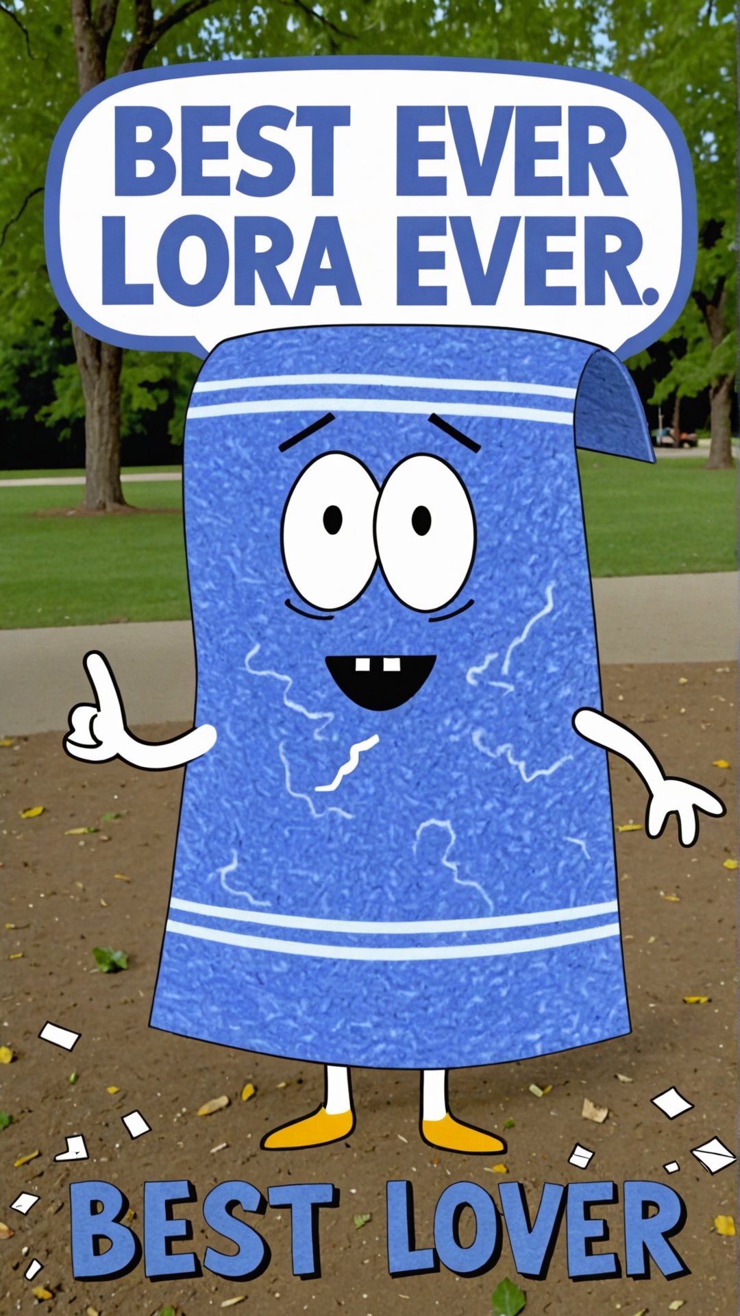 Photo of Towelie smoking weed at the park with a text bubble that says "best LoRA ever made" <lora:Towelie_v420:0.8>