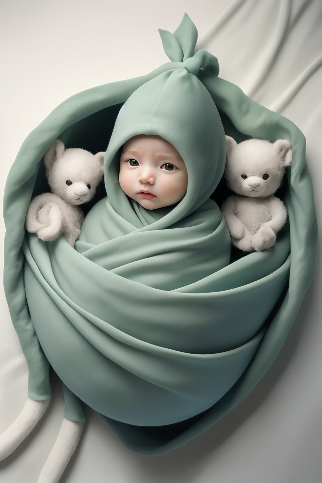 <lora:婴儿写真:0.8>,baby,swaddle,green,furry,