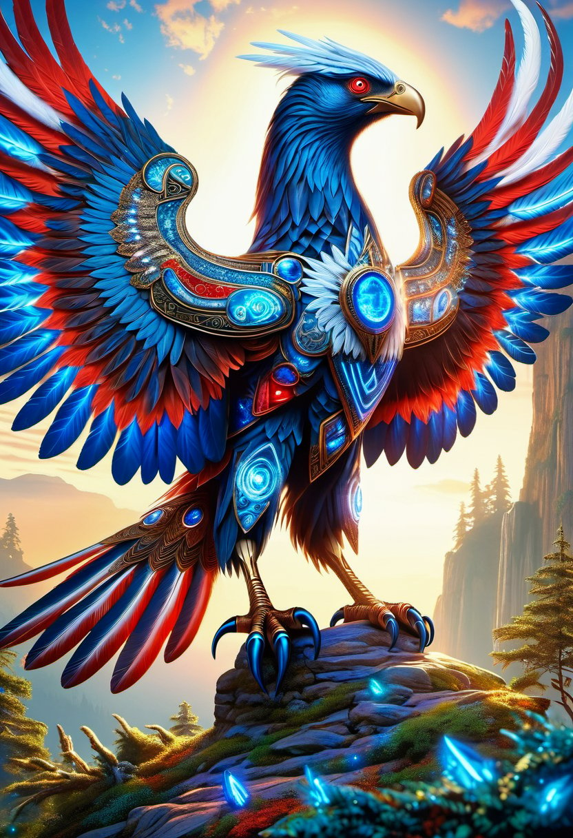 hyper detailed masterpiece,DonMMy51ic4lXL, roc, mythical gigantic colossal bird of prey, powerful wings, massive beak and talons, feathers, blue,red, white colors, nature's grandeur, power  , runes <lora:DonMMy51ic4lXL-v1.1-000006:0.8>