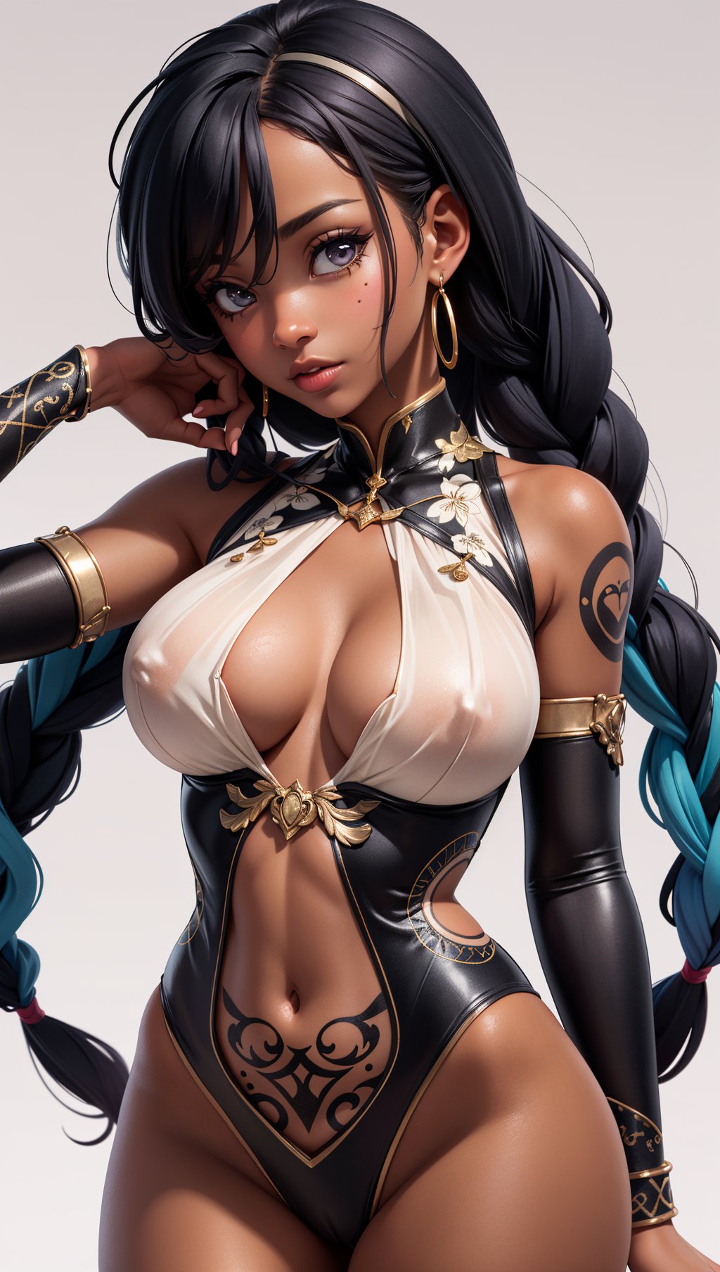 1girl,african girl,dark-skinned,long braids,body covered in words,words on body,tattoos of words on body,(masterpiece, best quality),large breasts,(intricate details),unity 8k wallpaper,ultra detailed,(pastel colors),beautiful and aesthetic,see-through (clothes),detailed,solo,look at viewer,