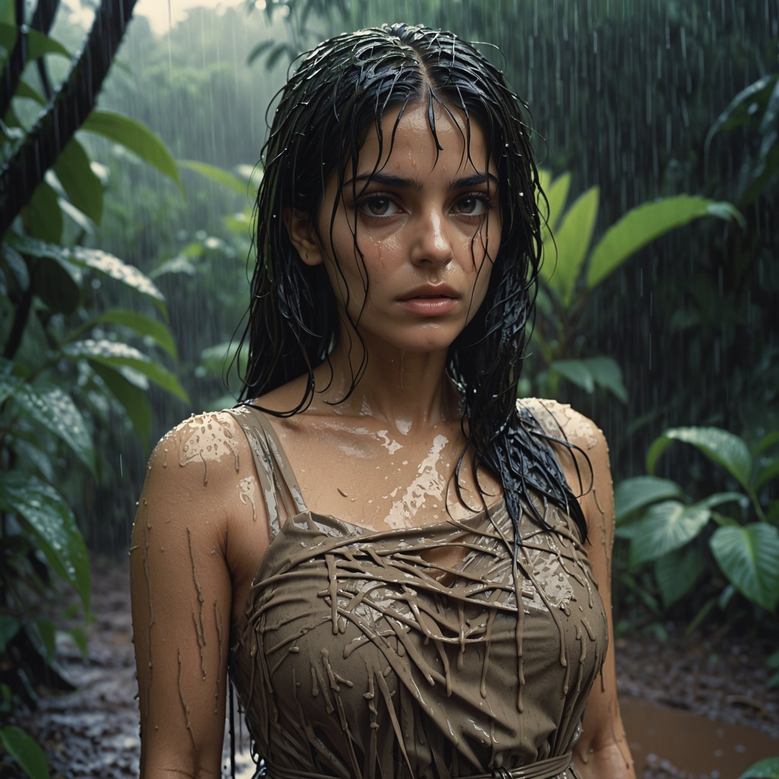 Hyperrealistic art portrait, close up, Persian Female wearing shredded dress, masterpiece, sad, focus on face, outside, scenic, overgrown jungle, raining, wet, dirt, mud, cinemascope, moody, epic, OverallDetail, gorgeous, 2000s vintage RAW photo . Extremely high-resolution details, photographic, realism pushed to extreme, fine texture, incredibly lifelike
