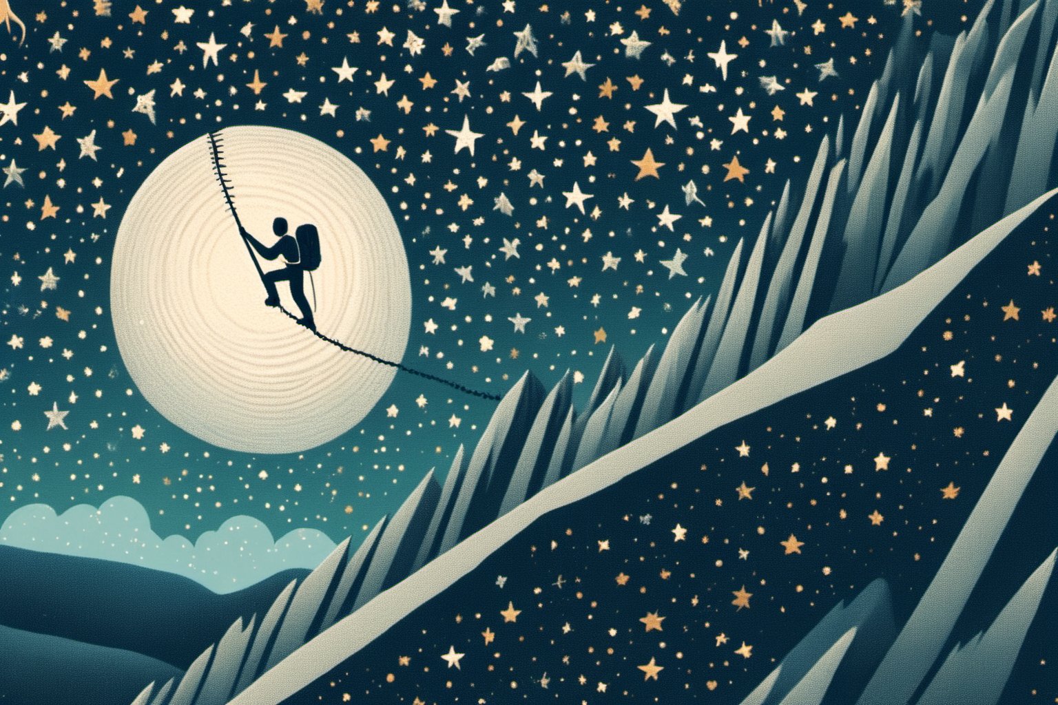 Illustration inspired by the Latin phrase 'Non est ad astra mollis e terris via' which translates to 'There is no easy way from the earth to the stars'. It depicts a person determinedly climbing a steep mountain path, reaching towards the shimmering stars in the night sky