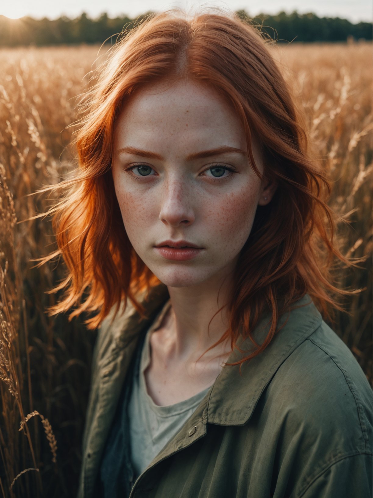 cinematic film still, close up, photo of redheaded girl near grasses, fictional landscapes, (intense sunlight:1.4), realist detail, brooding mood, ue5, detailed character expressions, light amber and red, amazing quality, wallpaper, analog film grain