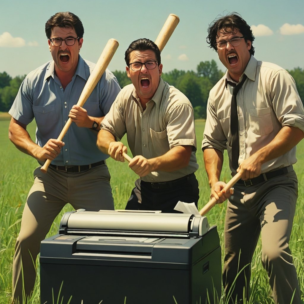 Office Space, case of the mondays, 3 men with baseball bats beating the shit out of a printer in a field, cinematic styling, a pakestani man, a blonde man with glasses and a man with black hair