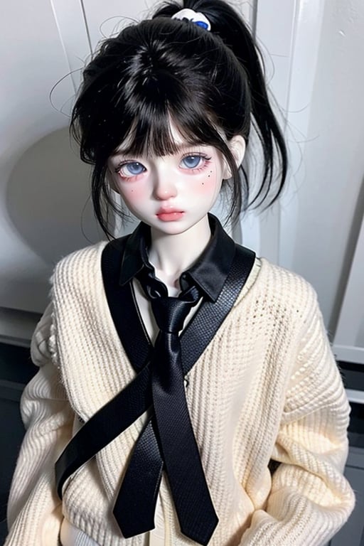 1girl, solo, blue eyes, black hair, upper body, ponytail, necktie, mole, mole under eye, pale skin, EpicDoll, doll<lora:EpicDoll:0.8>