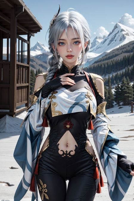 <lora:ShenHe_64_100minus40epoches:0.85>, shen_he_(genshin_impact), (hand on breasts), 1girl, (black bodysuit), (hair ornament), white hair, (braid ponytail), black sleeves, breasts curtain, jewelry, hip vent, shoulder cutout, navel, (upper body:0.7), standing, (masterpiece, high quality, best quality), (colorful),(delicate eyes and face), volumatic light, ray tracing, bust shot ,extremely detailed CG unity 8k wallpaper,solo,outdoors,Swiss Alps Majesty, Alpine Lakes, Quaint Villages, Verdant Meadows, Snow-Capped Peaks, Tranquil Valleys, Pristine Glaciers, Chalet Charm, Mountain Serenity, Scenic Funiculars
