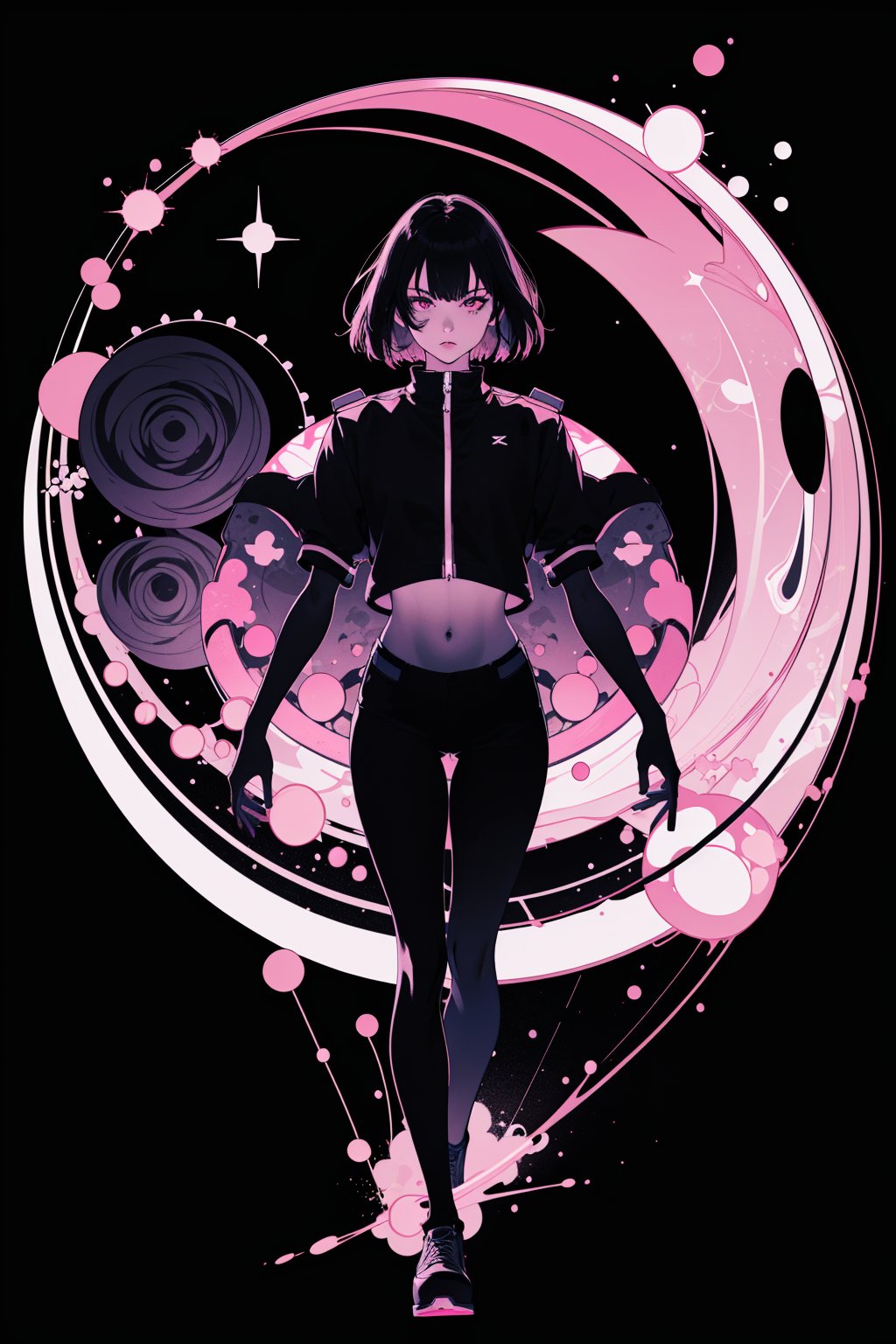 (silhouette:1.25),1girl,dark background,blacklight,mid shot,full body,somber expression,looking down,dark energy,vibrant magenta,portal to another world,flat color,flat shading,ultra realistic,highres,superb,8k wallpaper,extremely detailed,intricate,limited palette,pink,