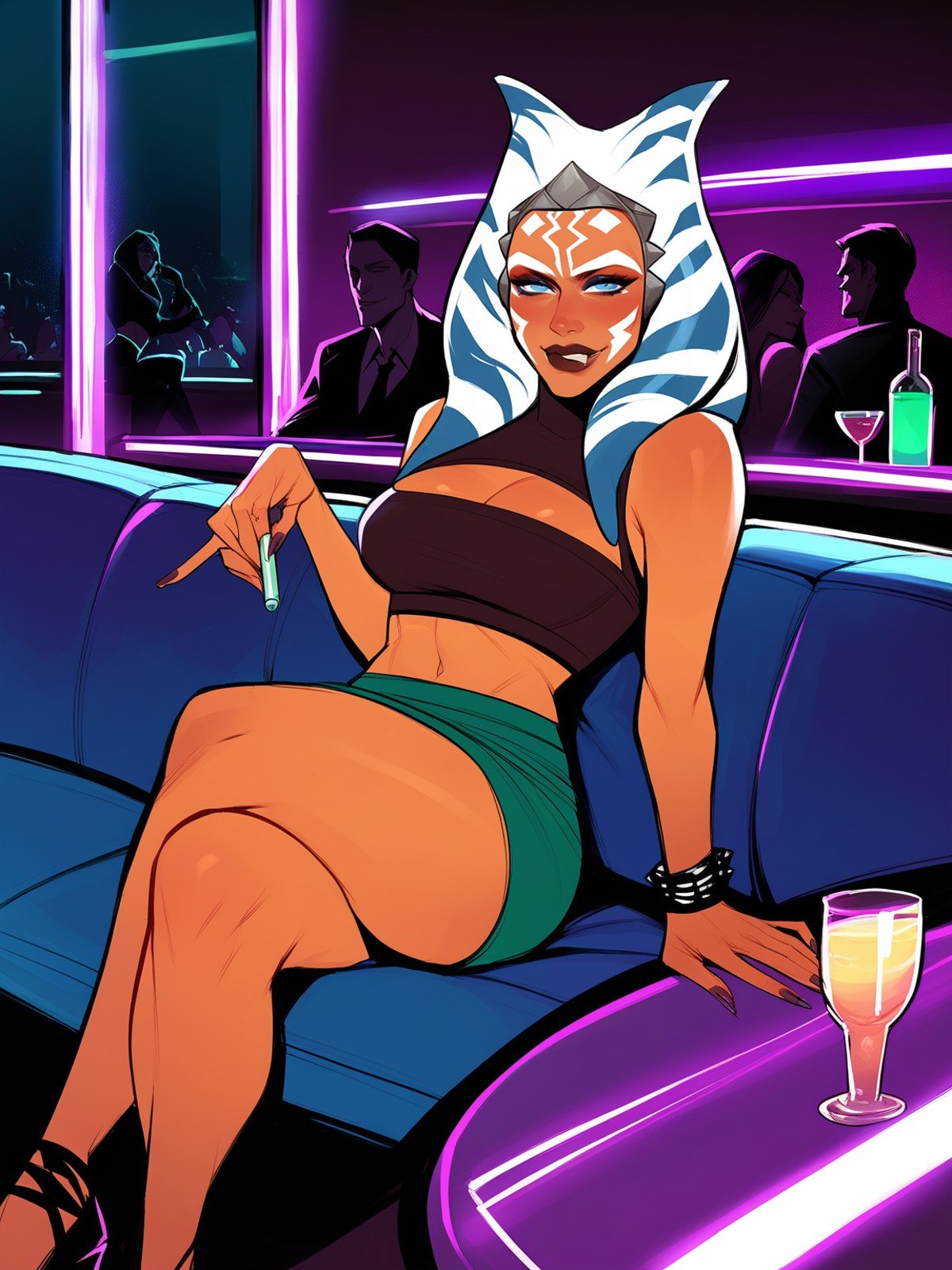 score_8_up, score_7_up, ahsoka tano sitting on couch in dark club, nightclub interior, table, makeup, neon light, skirt, crop top, cutout, wide hips, crossed legs,  seductive smile, cherrygig style