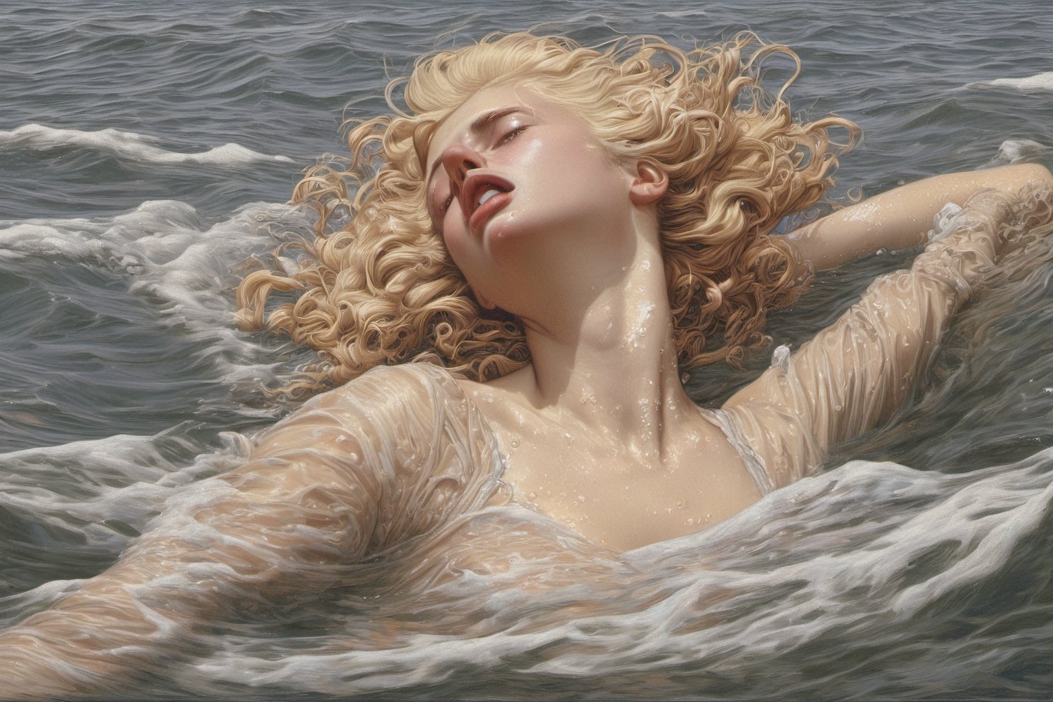 "A blonde woman drowning in a sea, canon_5d_mark_4, elaborate_detail, art by J.C. Leyendecker