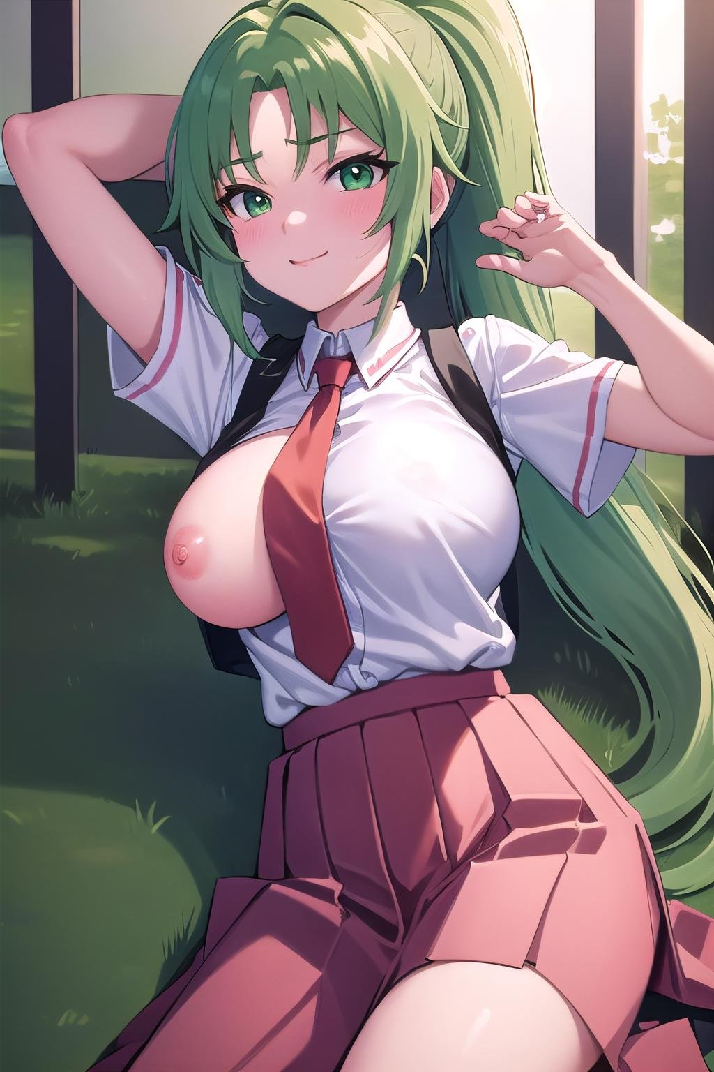 masterpiece, best quality, ultra-high-detailed, one breast out, nipples, 1girl, Mion Sonozaki, green hair, green eyes, ponytail, white shirt, red necktie, yellow vest, red skirt,