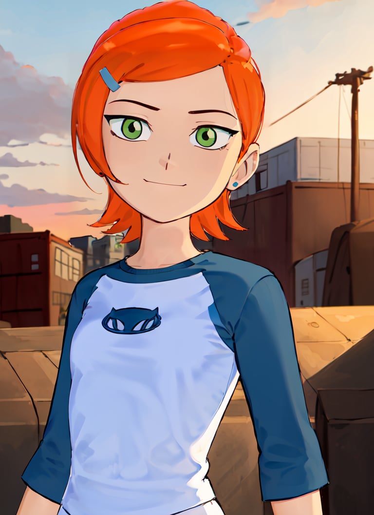 ((best quality)), ((highly detailed)), masterpiece, absurdres, (detailed eyes, deep eyes), (1girl), dynamic pose, upper body, <lora:Gwen-10_idk:.9>, gwen, hairclip, smiling, blue shirt, raglan sleeves, white pants, (outside, in a wild west town, sunset)