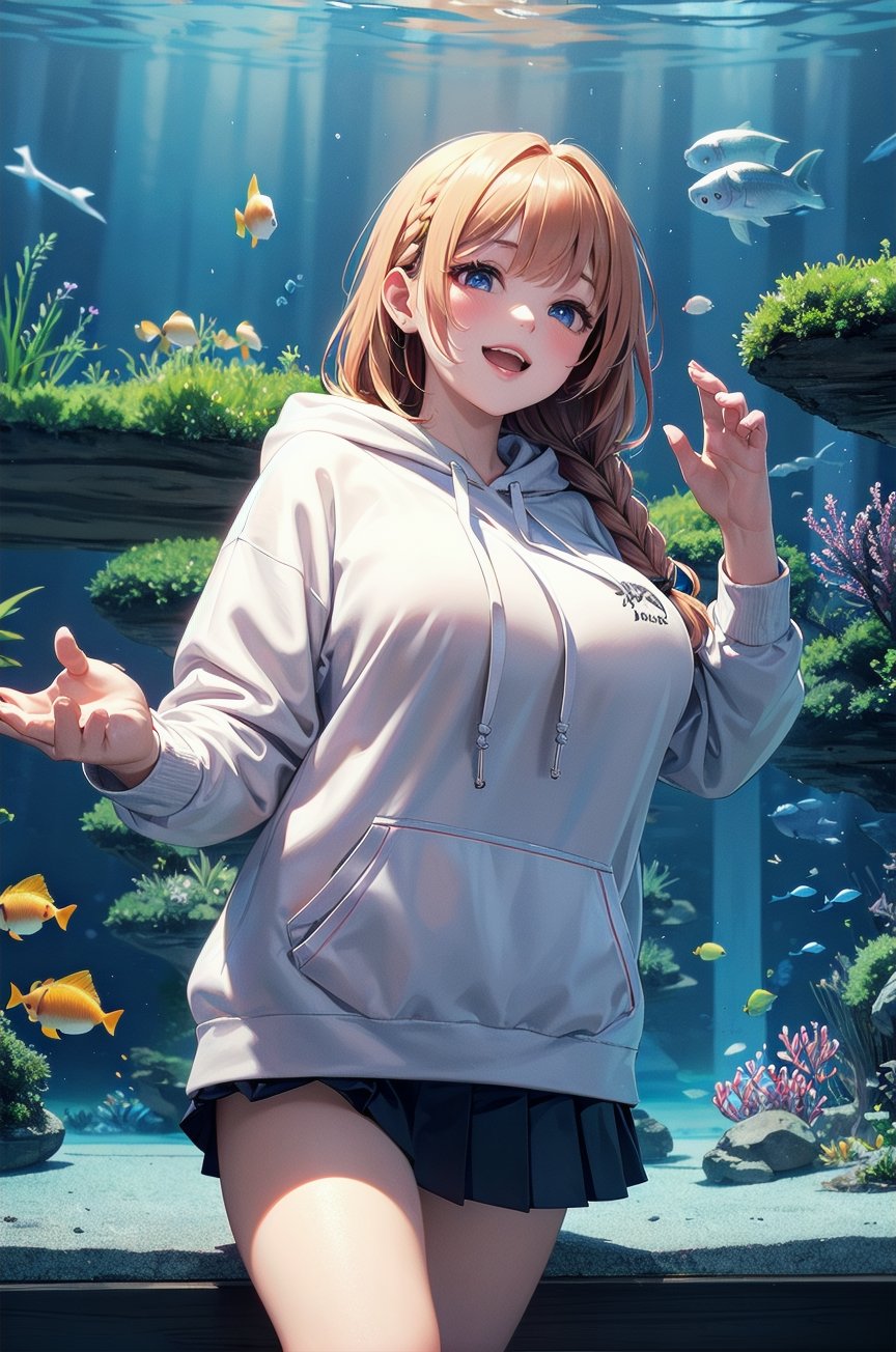 1girl,braids,((white),(hoodie)),(mini pleated skirt),huge breasts,happy,heart,aquarium,from_side,looking_up,available light,32K,16K,4K,8K,best quality,masterpiece,ultra high res,professional lighting,physically-based rendering,(beautiful background illustration),