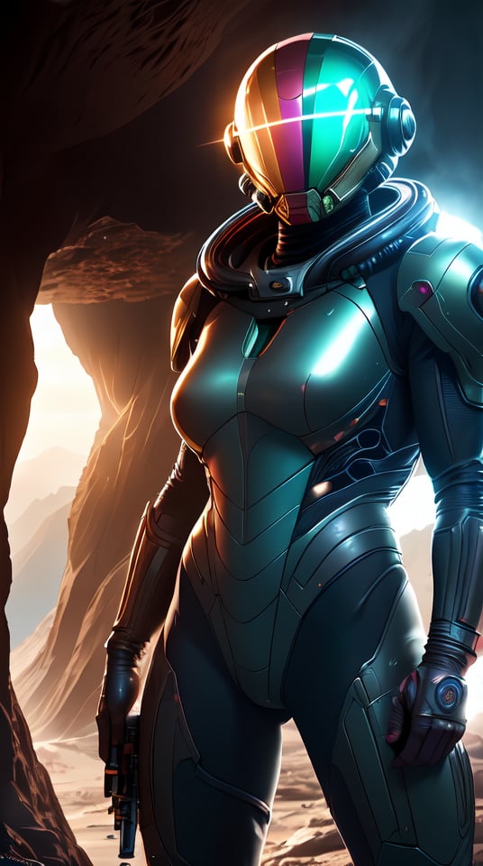 sexy blond Samus Aran from Metroid wearing blue suit with high platforms standing on a floor of a cave near ((grey humanoid monster)) hiding behind a rock and looking at her,interior of alien cave in Hans Ruedi Giger style,beautiful face,perfect face,single girl,nova<lora:Nova-000003:0.6>,red Astronaut helmet,[(holding Laser Gun,lightsaber on another hand)],upper body,copeseethemald style,glossy,thepit bimbo,realistic, professional, limited palette,high contrast,amazing detail,dynamic lights,hyperrealism, masterpiece, best quality, HDR, viewpoint, highest quality, sharp focus, digital art render, 8k