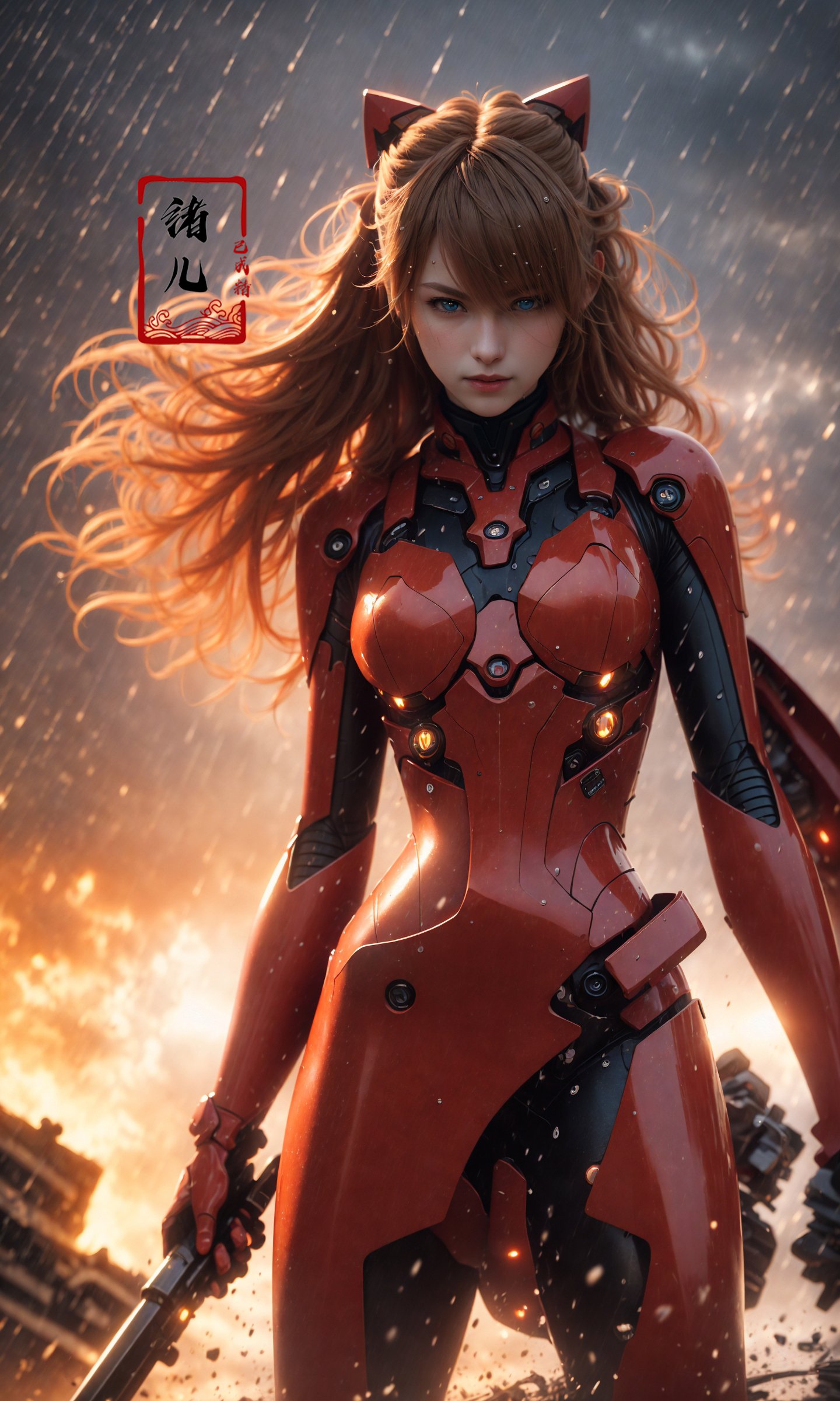Epic CG masterpiece, Asuka Langley Soryu,hdr,dtm, full ha,8K, ultra detailed graphic tension, dynamic poses, stunning colors, 3D rendering, surrealism, cinematic lighting effects, realism, 00 renderer, super realistic, full - body photos, super vista, super wide Angle, HD(Severe smog:1.1), (It's raining:1.3),Facing the audience,(Raising the weapon in hand:1.1),(messy hair:1.2), (Is attacking the audience with a weapon in hand:1.1)black clother,( wet hair:1.4)，(light anger:1.1), (More halos:1.5), (Floating cape and skirt:1.1), (evil smile:1.1), (red ribbon),(Blood on face:0.8),A shot with tension，(sky glows red,Visual impact,giving the poster a dynamic and visually striking appearance:1.2),<lora:绪儿-明日香Asuka Langley Soryu:0.8>
