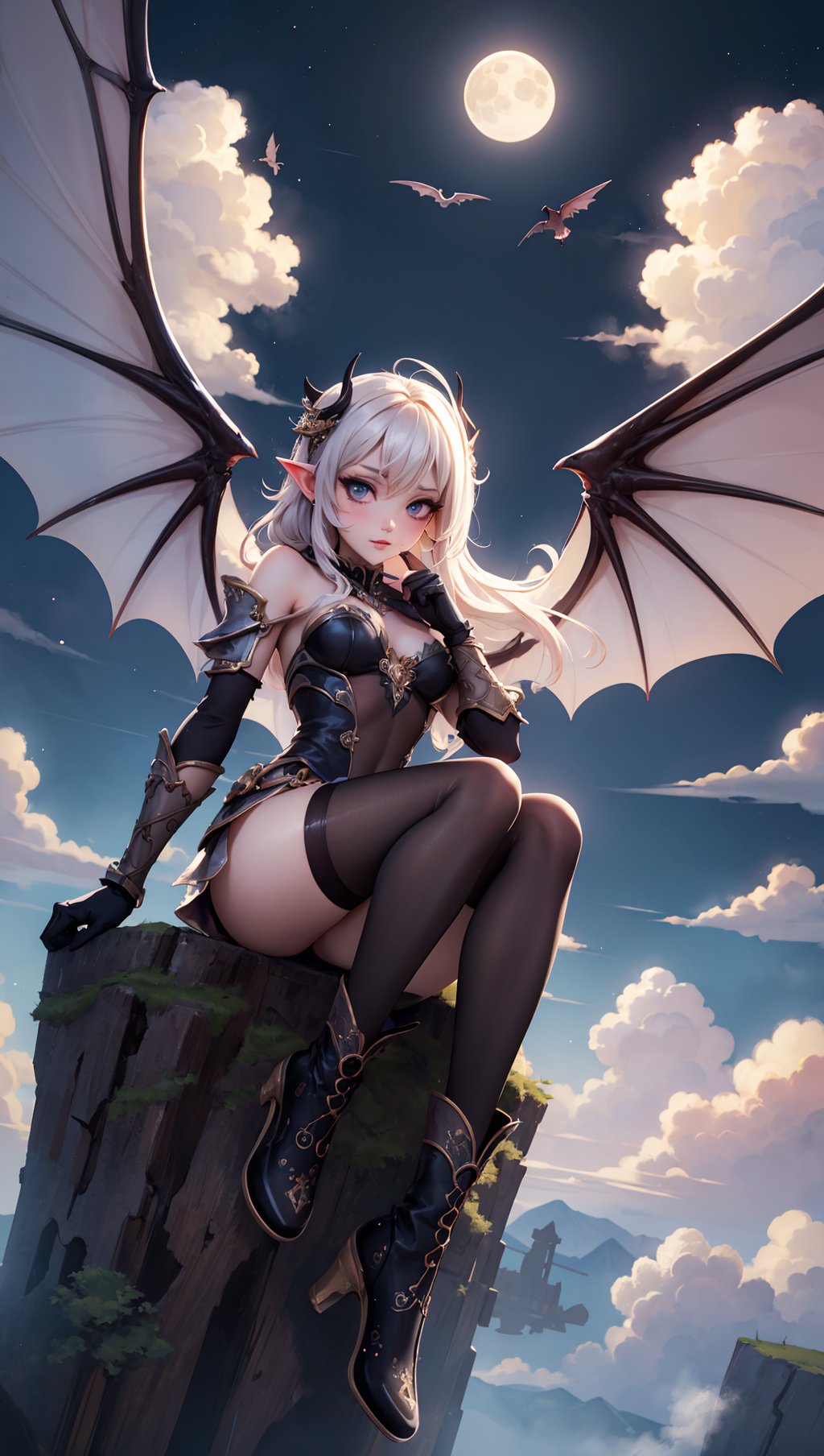 (tutututu),pantyhose,black boots,BREAK((best quality)),((masterpiece)),(detailed),alluring succubus,ethereal beauty,perched on a cloud,(fantasy illustration:1.3),enchanting gaze,captivating pose,delicate wings,otherworldly charm,mystical sky,(Luis Royo:1.2),(Yoshitaka Amano:1.1),moonlit night,soft colors,(detailed cloudscape:1.3),(high-resolution:1.2),