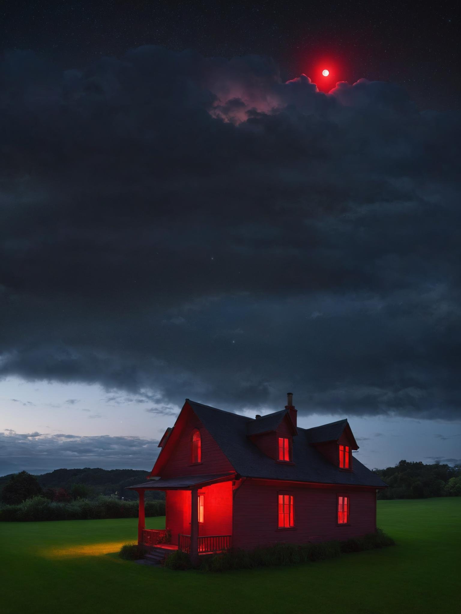 a house with a red light in the window , outdoors, sky, cloud, no humans, night, cloudy sky, grass, building, star (sky), night sky, scenery, starry sky, house , <lora:Movie_aesthetic_XL:1>